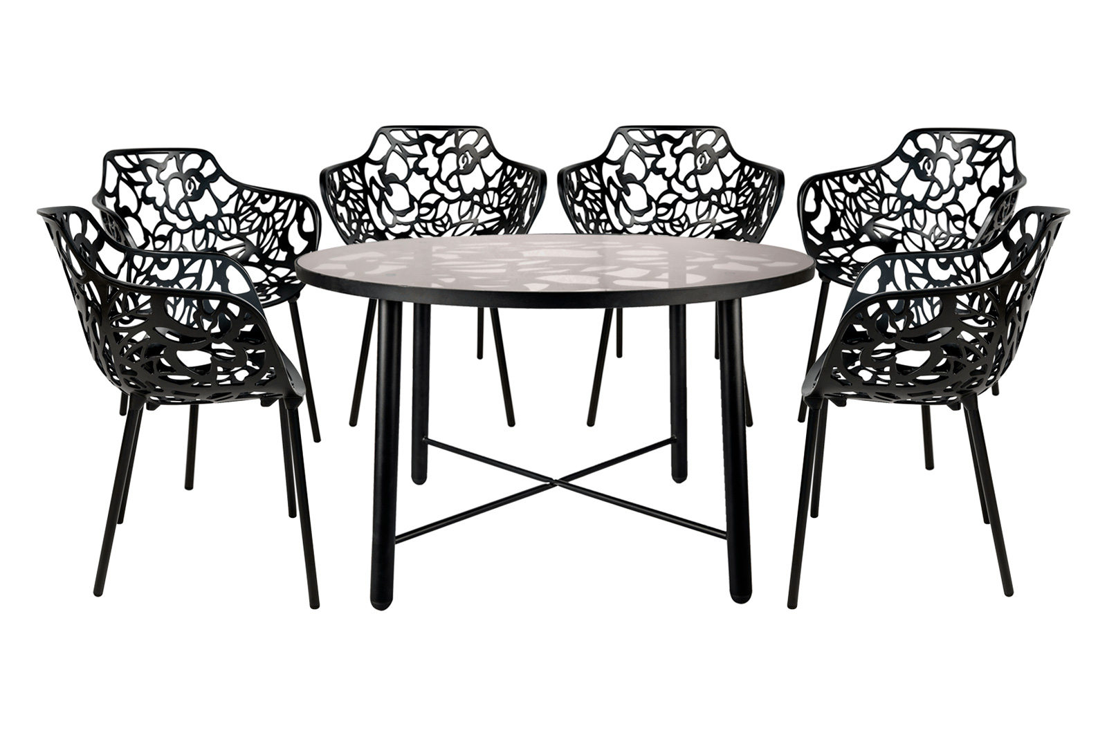 LeisureMod Devon Modern 7-Piece Aluminum Outdoor Dining Set with Dining Table and 6 Stackable Flower Design Armchairs