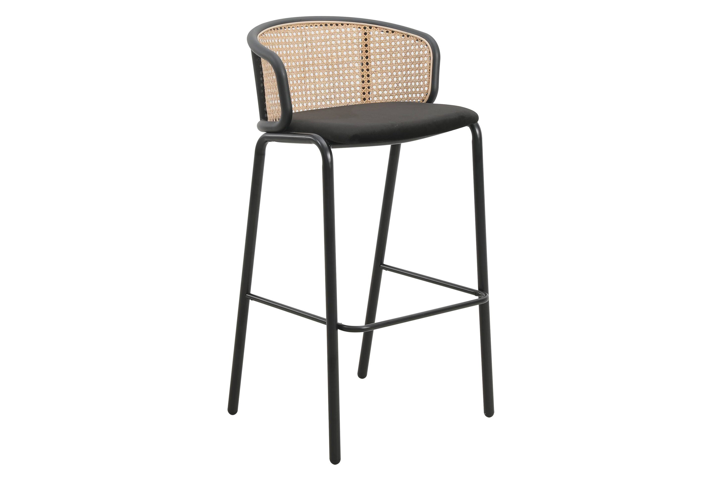 LeisureMod Ervilla Mid-Century Modern Wicker Bar Stool with Fabric Seat and Black Powder Coated Steel Frame