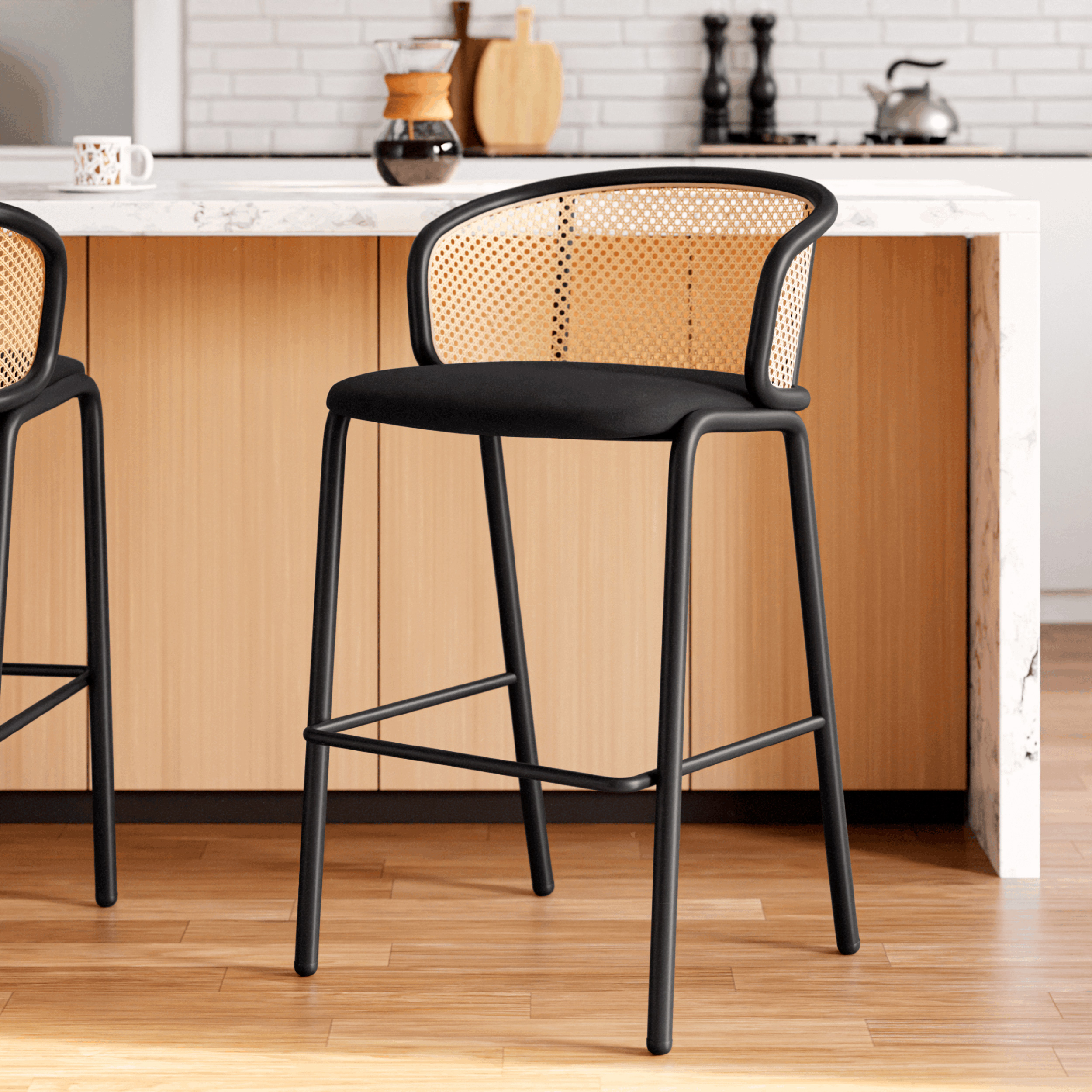 LeisureMod Ervilla Mid-Century Modern Wicker Bar Stool with Fabric Seat and Black Powder Coated Steel Frame - Black