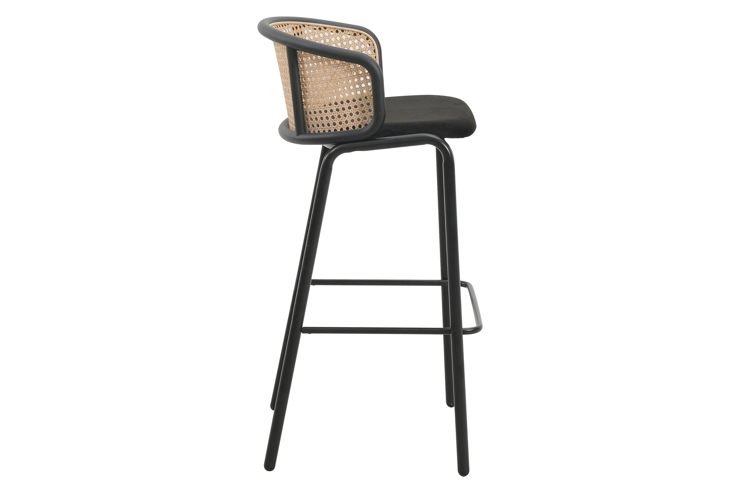 LeisureMod Ervilla Mid-Century Modern Wicker Bar Stool with Fabric Seat and Black Powder Coated Steel Frame - Black