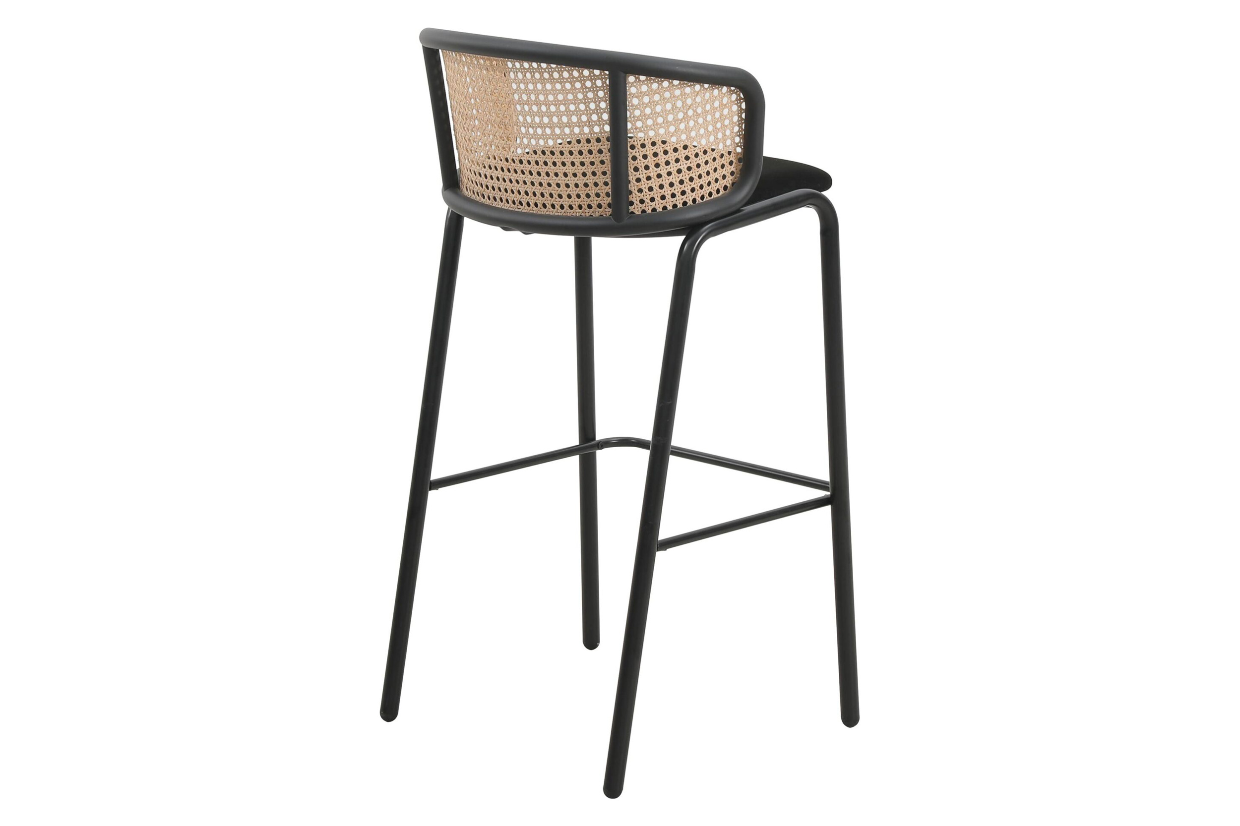 LeisureMod Ervilla Mid-Century Modern Wicker Bar Stool with Fabric Seat and Black Powder Coated Steel Frame - Black