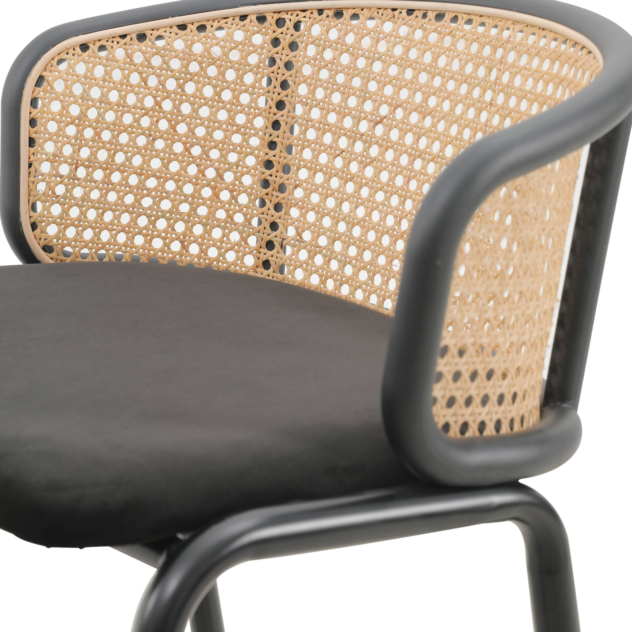 LeisureMod Ervilla Mid-Century Modern Wicker Bar Stool with Fabric Seat and Black Powder Coated Steel Frame - Black