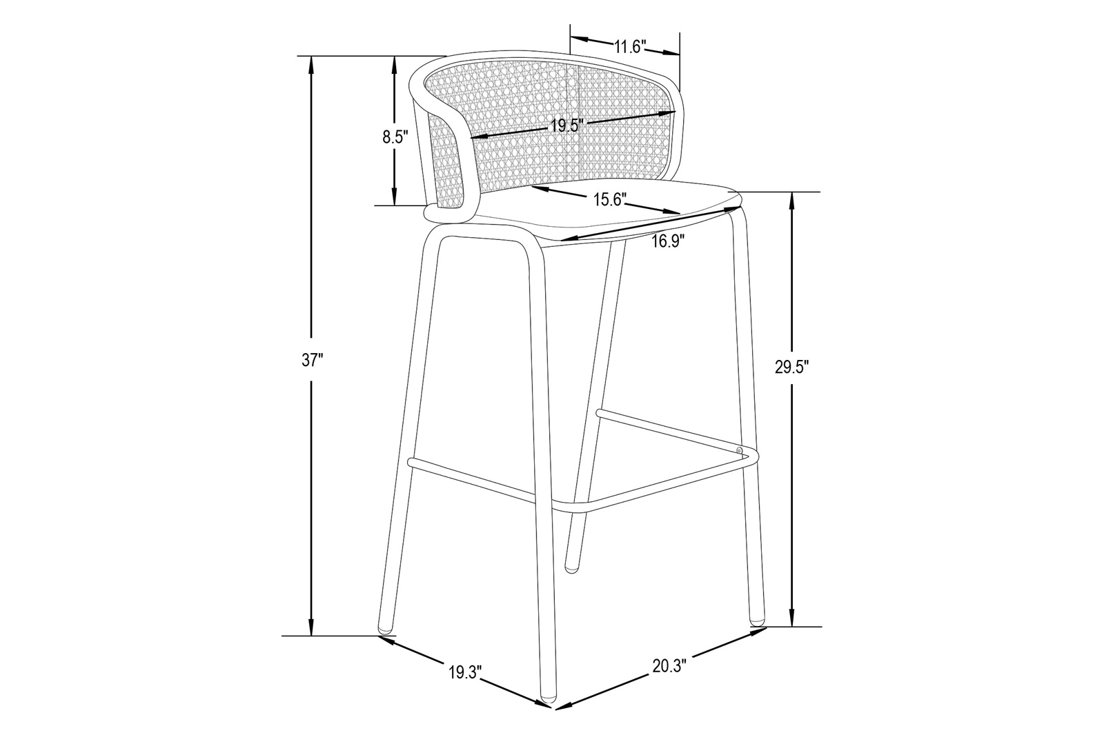 LeisureMod Ervilla Mid-Century Modern Wicker Bar Stool with Fabric Seat and Black Powder Coated Steel Frame - Black