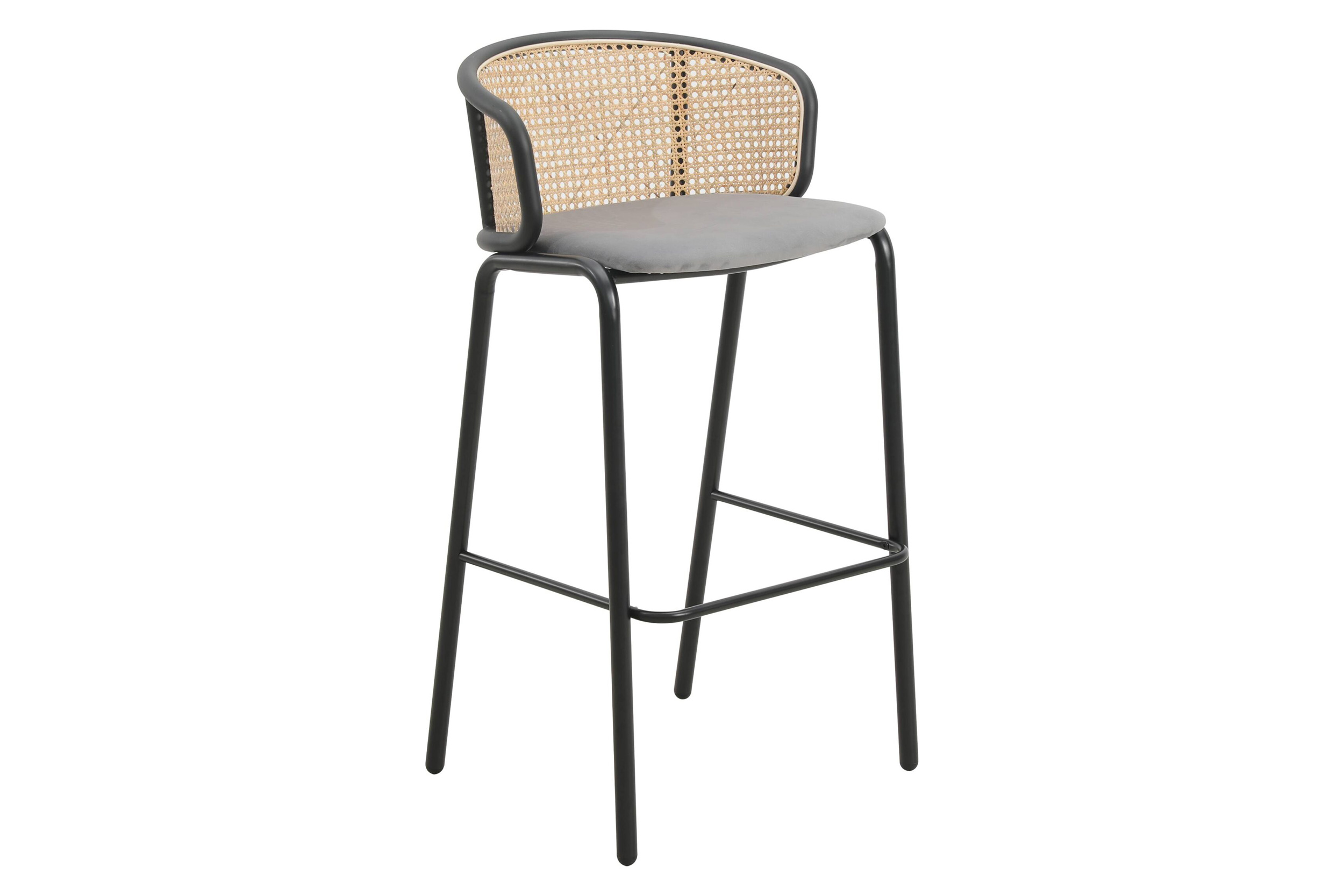 LeisureMod Ervilla Mid-Century Modern Wicker Bar Stool with Fabric Seat and Black Powder Coated Steel Frame