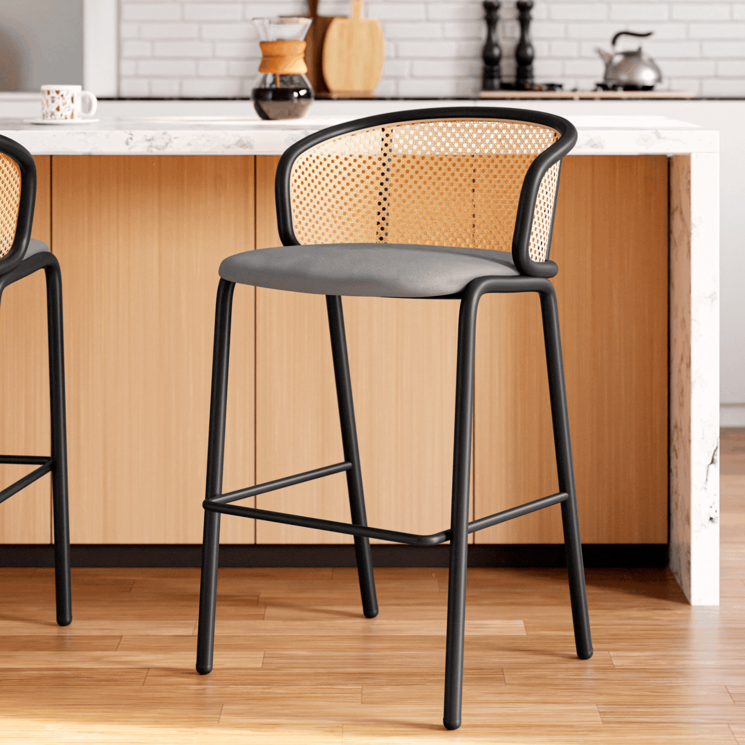 LeisureMod Ervilla Mid-Century Modern Wicker Bar Stool with Fabric Seat and Black Powder Coated Steel Frame - Gray