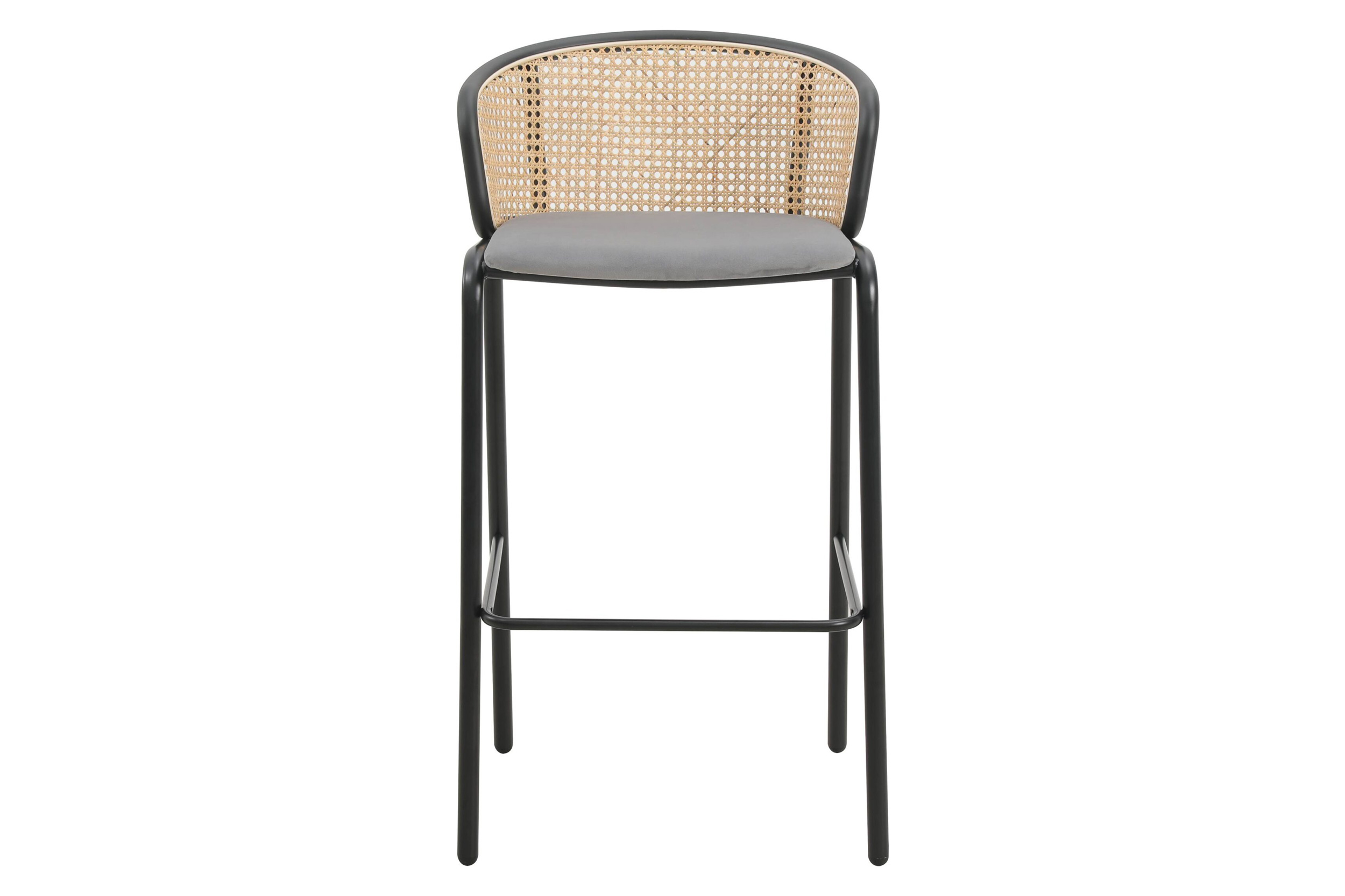 LeisureMod Ervilla Mid-Century Modern Wicker Bar Stool with Fabric Seat and Black Powder Coated Steel Frame - Gray