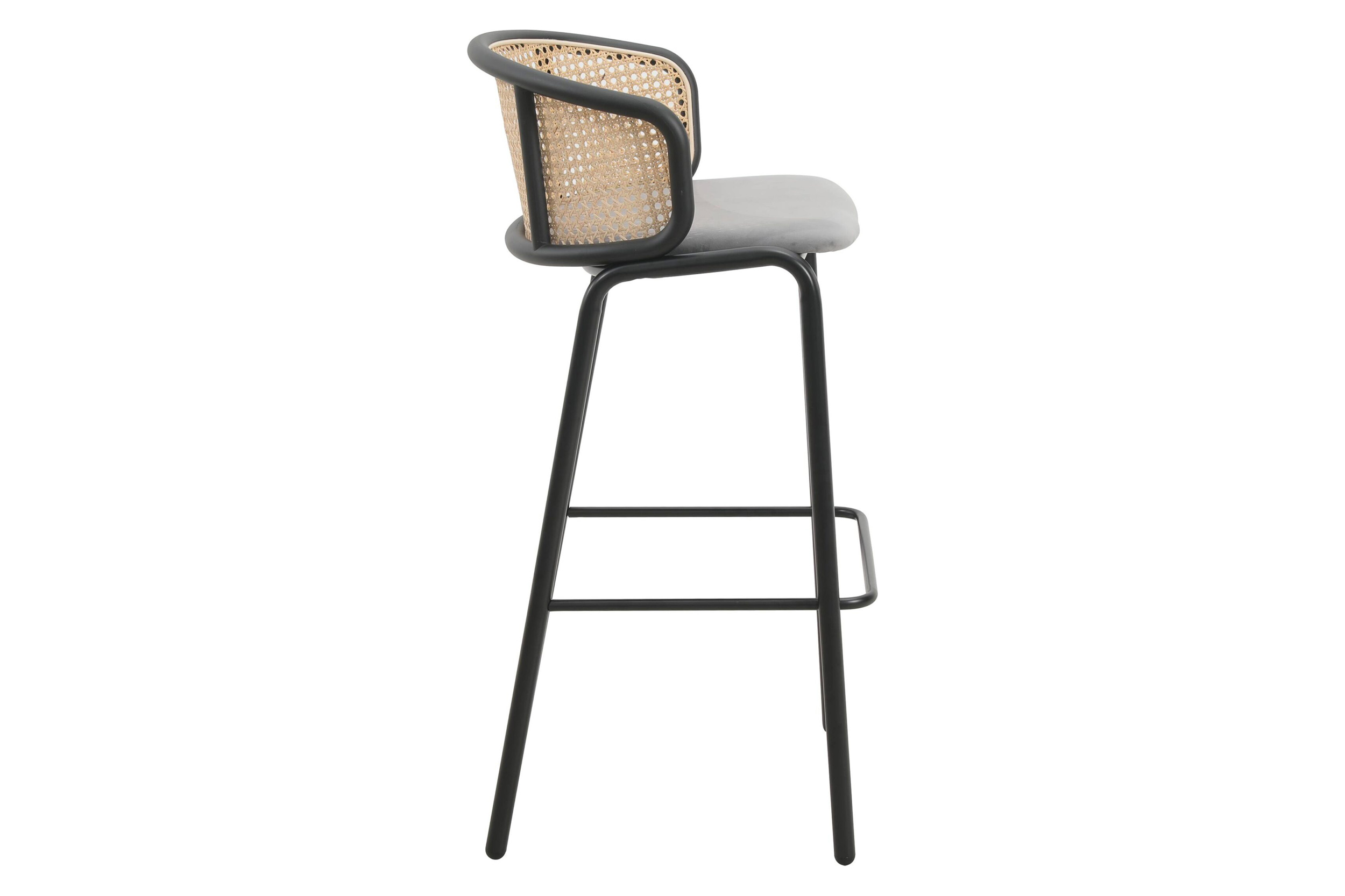 LeisureMod Ervilla Mid-Century Modern Wicker Bar Stool with Fabric Seat and Black Powder Coated Steel Frame - Gray