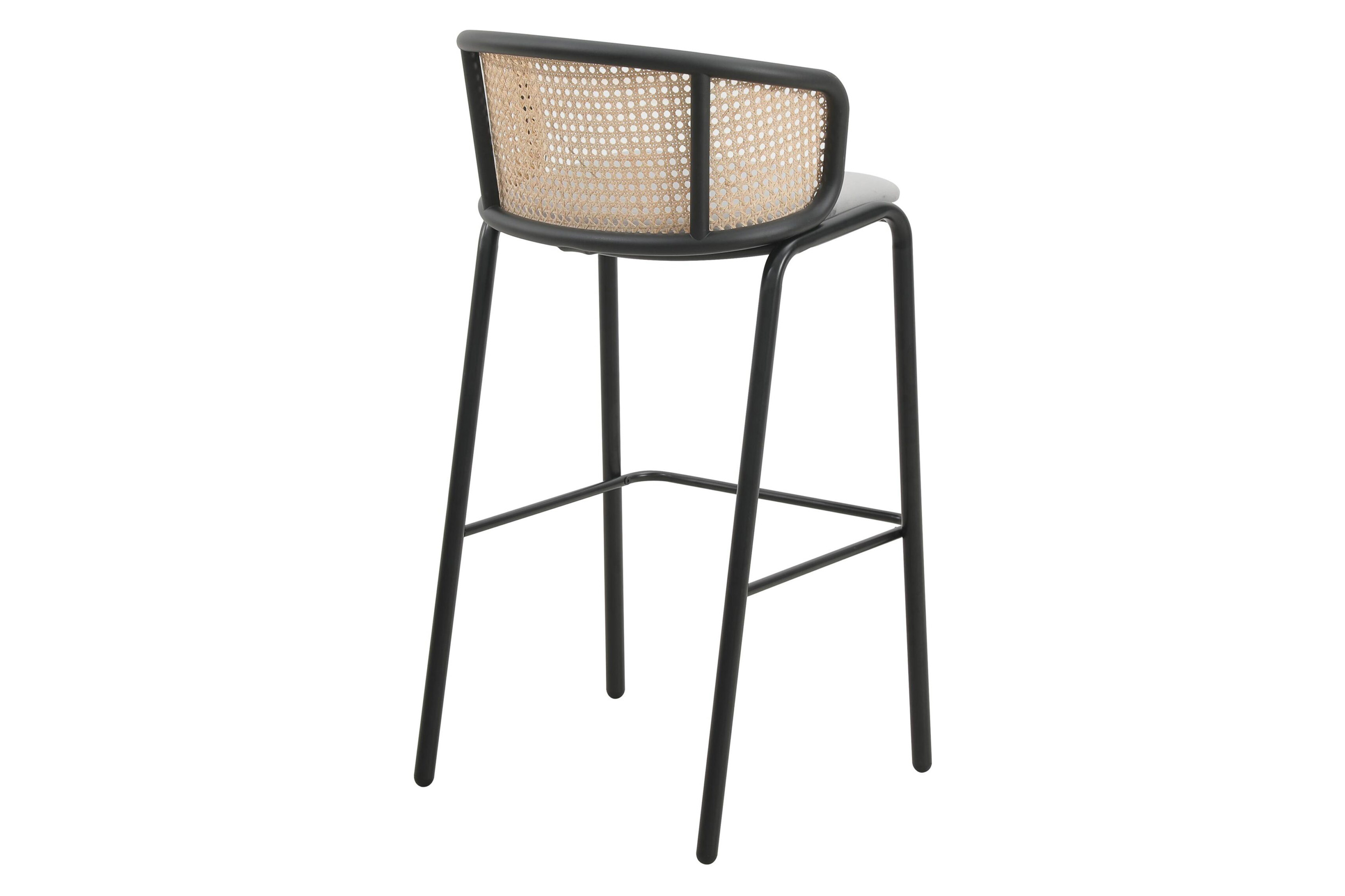 LeisureMod Ervilla Mid-Century Modern Wicker Bar Stool with Fabric Seat and Black Powder Coated Steel Frame - Gray