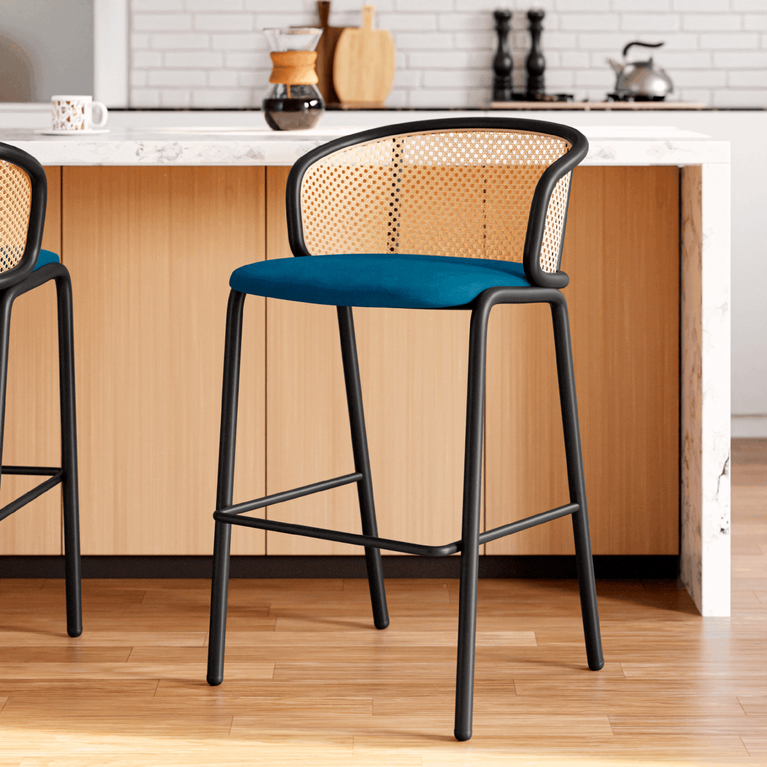 LeisureMod Ervilla Mid-Century Modern Wicker Bar Stool with Fabric Seat and Black Powder Coated Steel Frame - Navy Blue