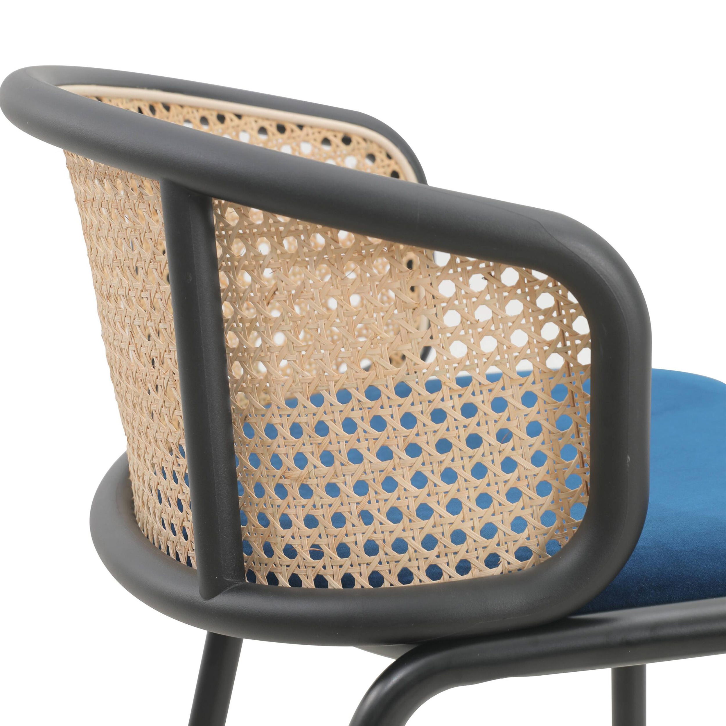 LeisureMod Ervilla Mid-Century Modern Wicker Bar Stool with Fabric Seat and Black Powder Coated Steel Frame - Navy Blue