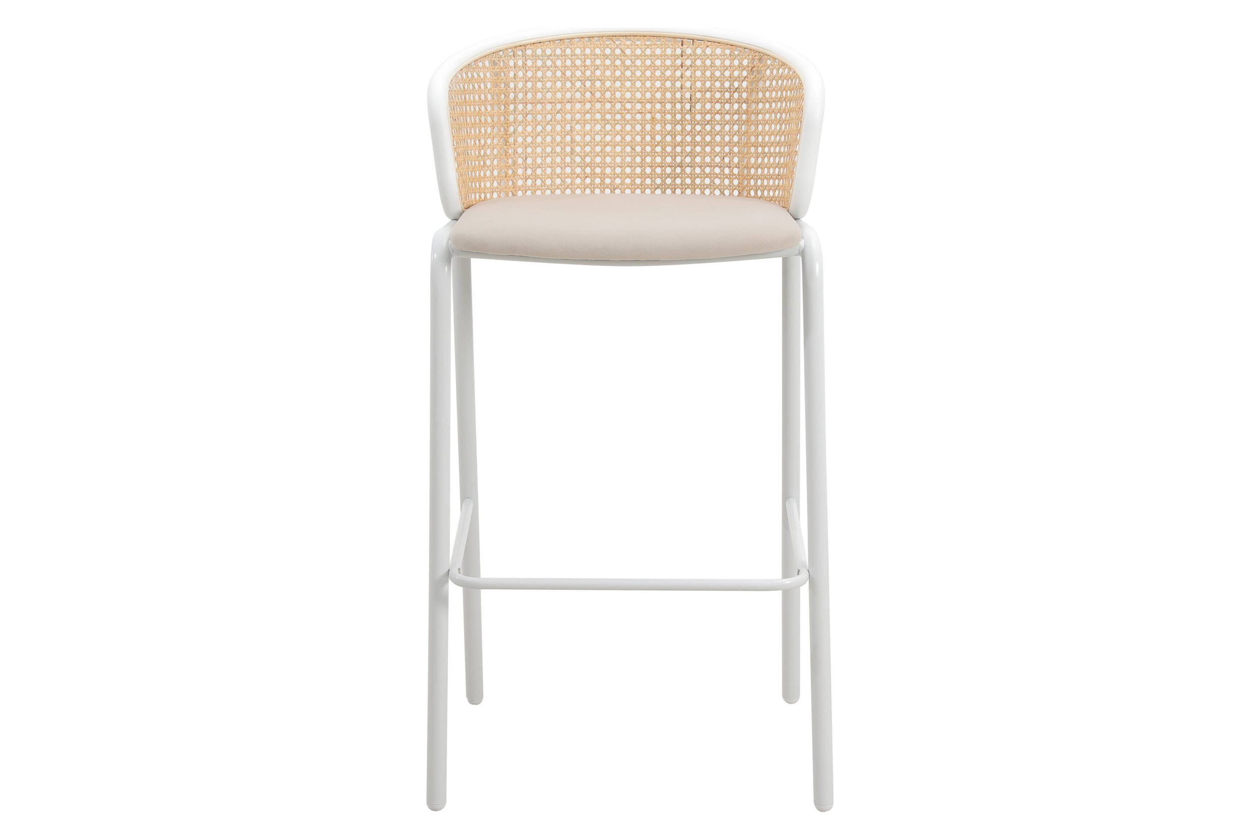 LeisureMod Ervilla Mid-Century Modern Wicker Bar Stool with Fabric Seat and White Powder Coated Steel Frame - Beige