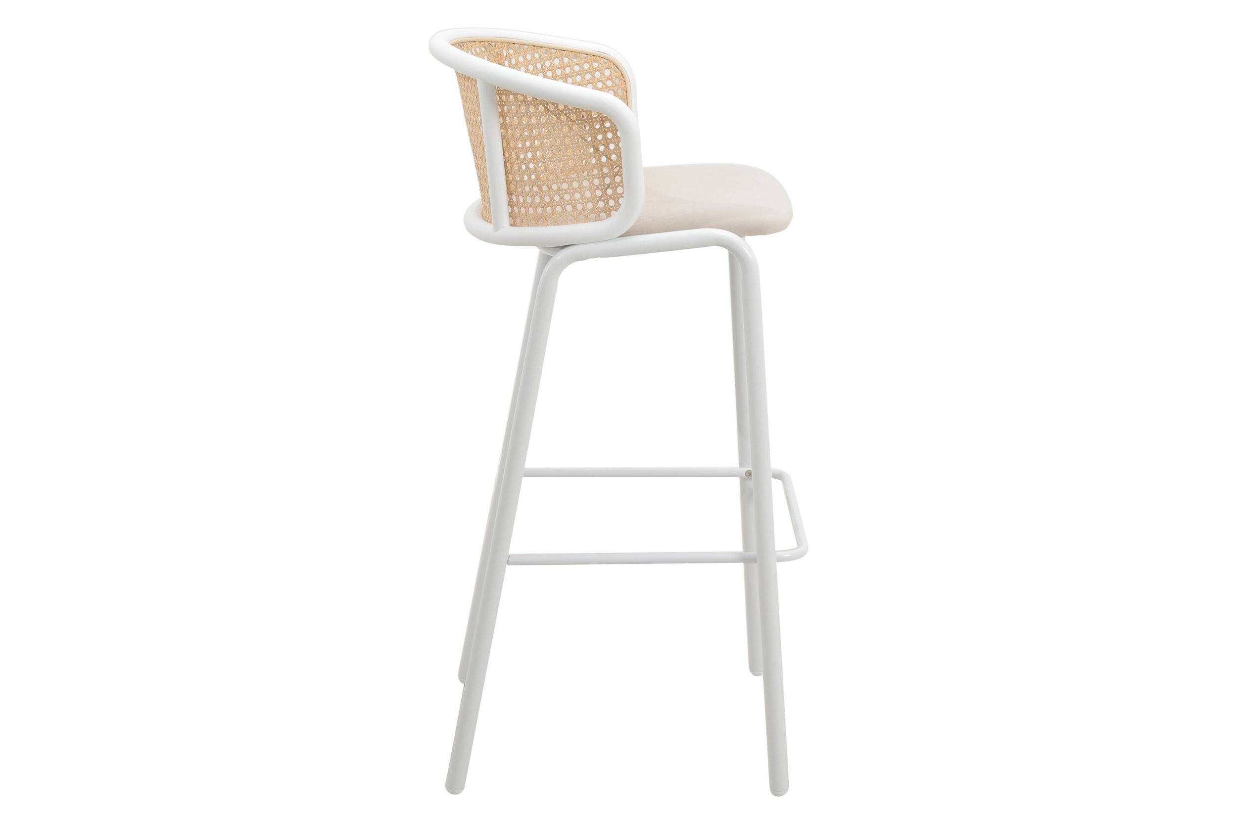 LeisureMod Ervilla Mid-Century Modern Wicker Bar Stool with Fabric Seat and White Powder Coated Steel Frame - Beige