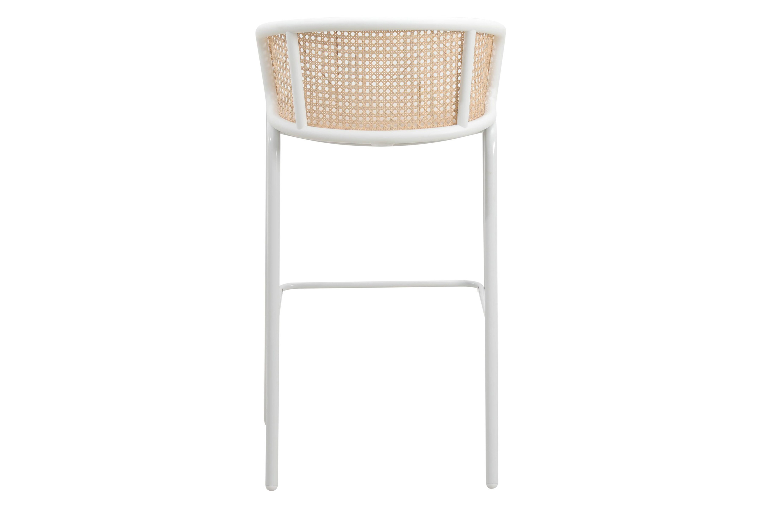 LeisureMod Ervilla Mid-Century Modern Wicker Bar Stool with Fabric Seat and White Powder Coated Steel Frame - Beige