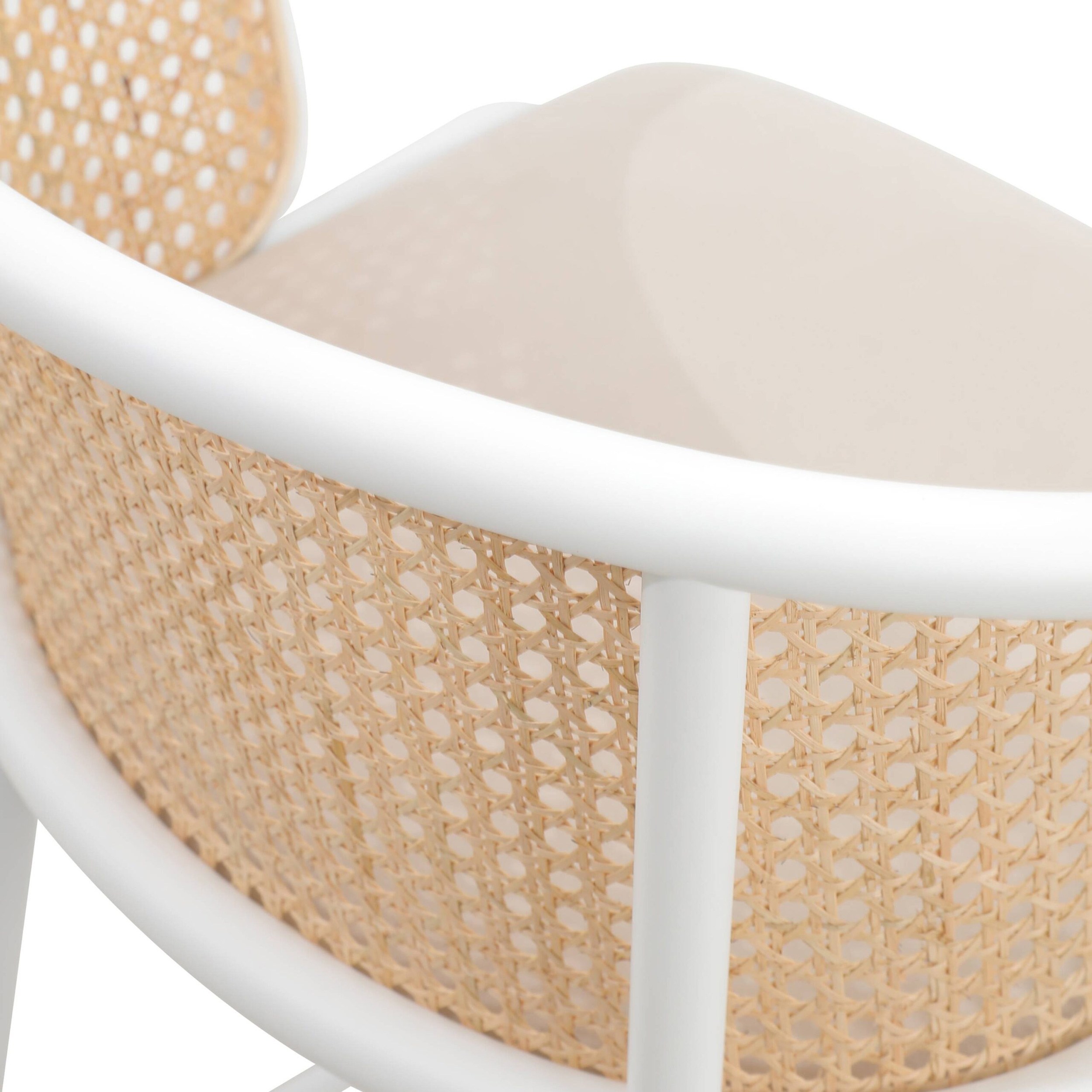 LeisureMod Ervilla Mid-Century Modern Wicker Bar Stool with Fabric Seat and White Powder Coated Steel Frame - Beige