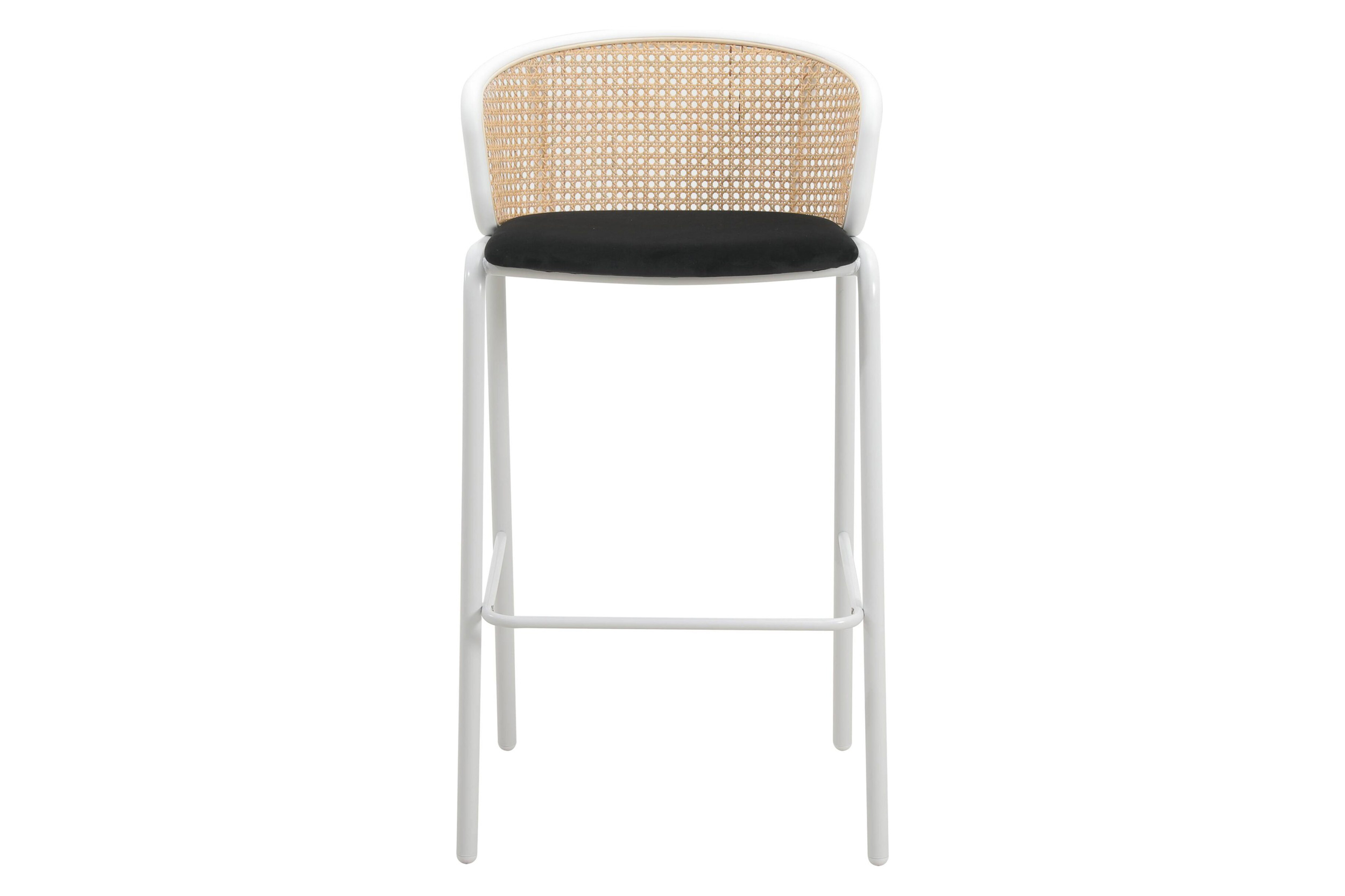 LeisureMod Ervilla Mid-Century Modern Wicker Bar Stool with Fabric Seat and White Powder Coated Steel Frame - Black