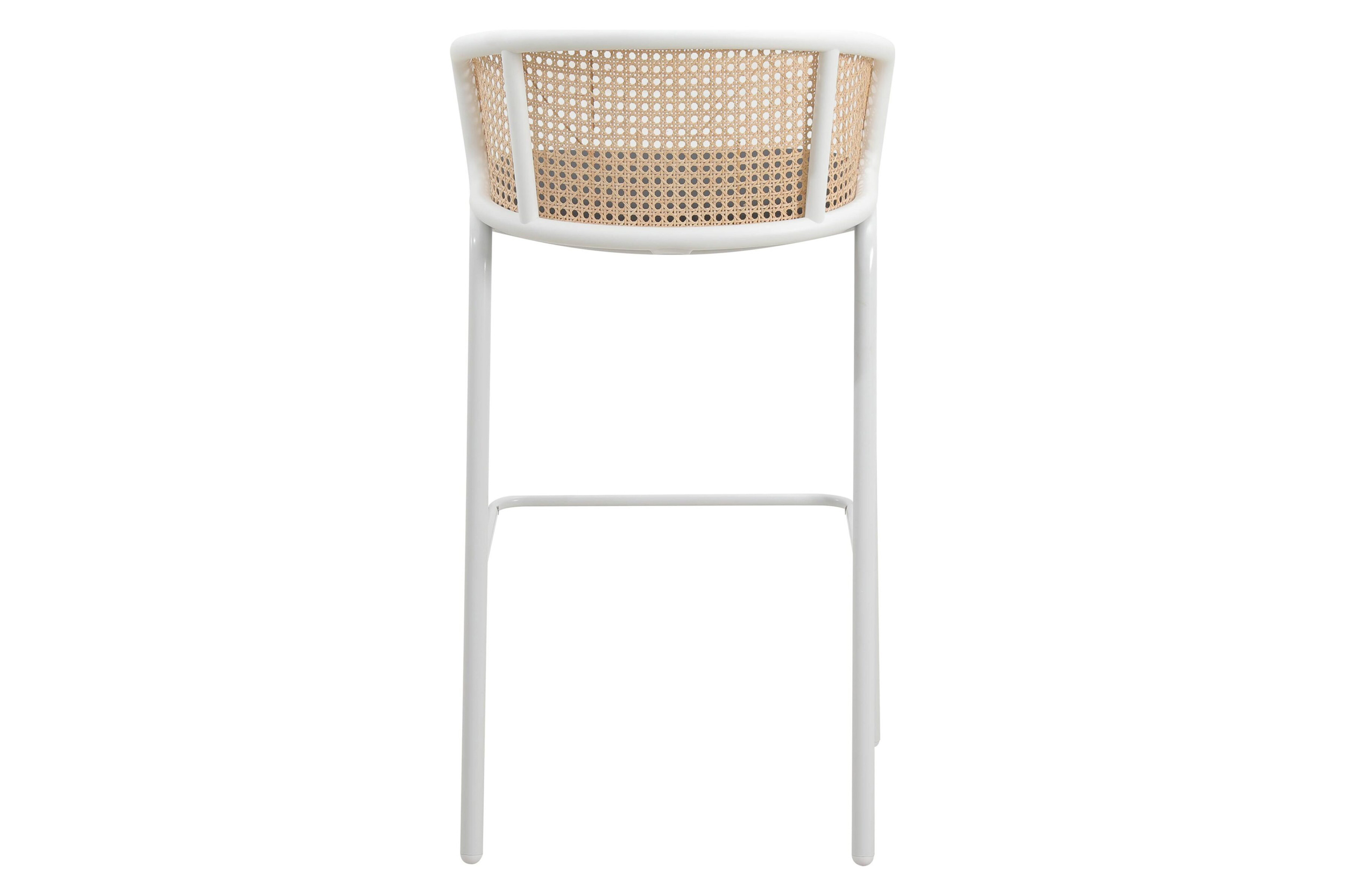 LeisureMod Ervilla Mid-Century Modern Wicker Bar Stool with Fabric Seat and White Powder Coated Steel Frame - Black