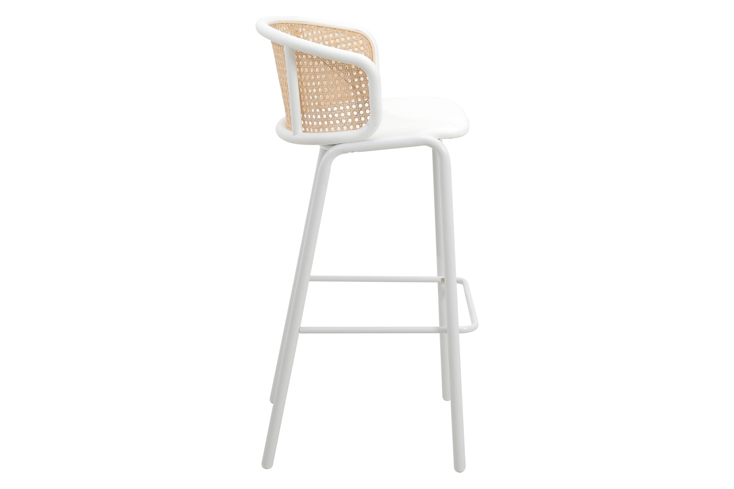 LeisureMod Ervilla Mid-Century Modern Wicker Bar Stool with Fabric Seat and White Powder Coated Steel Frame - White