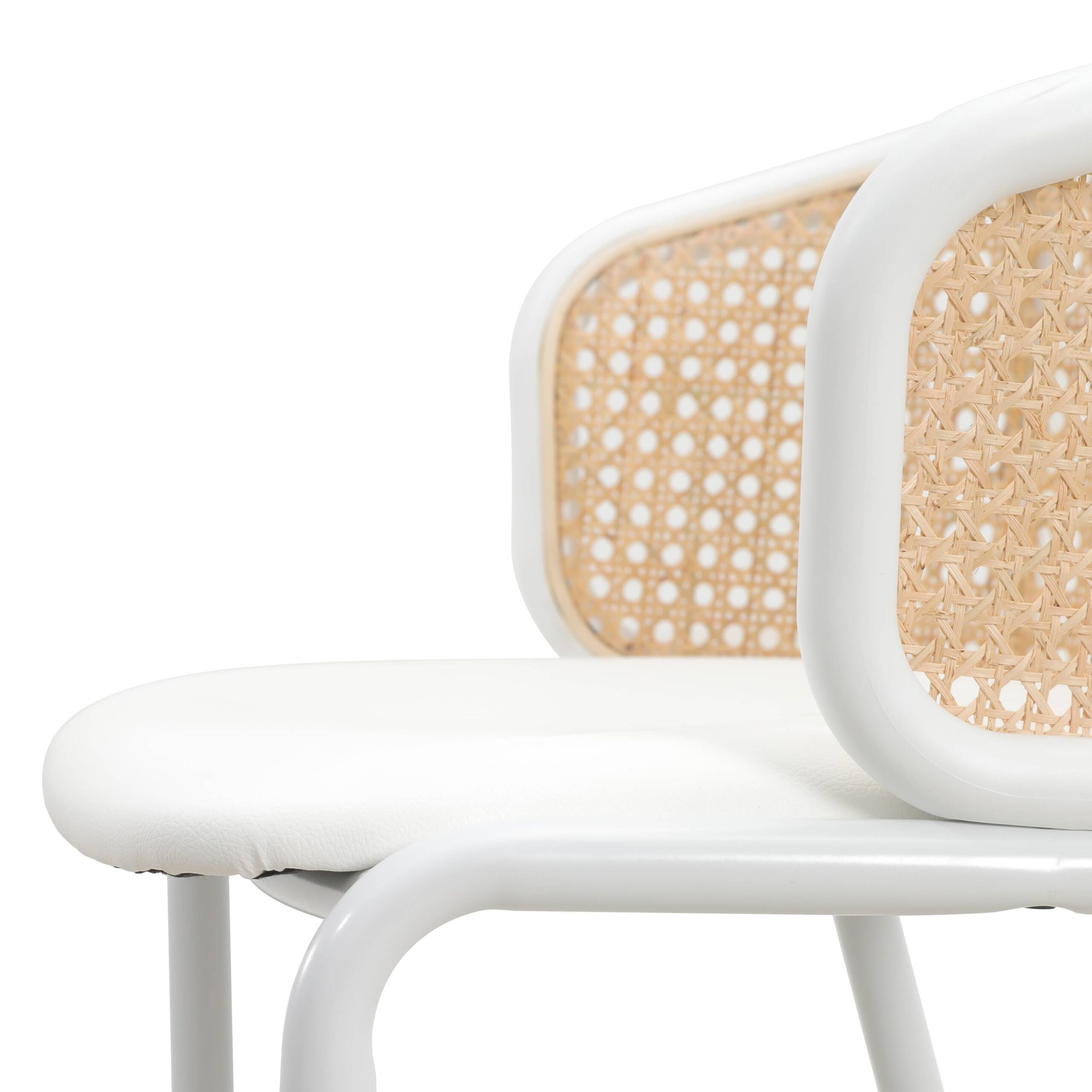 LeisureMod Ervilla Mid-Century Modern Wicker Bar Stool with Fabric Seat and White Powder Coated Steel Frame - White