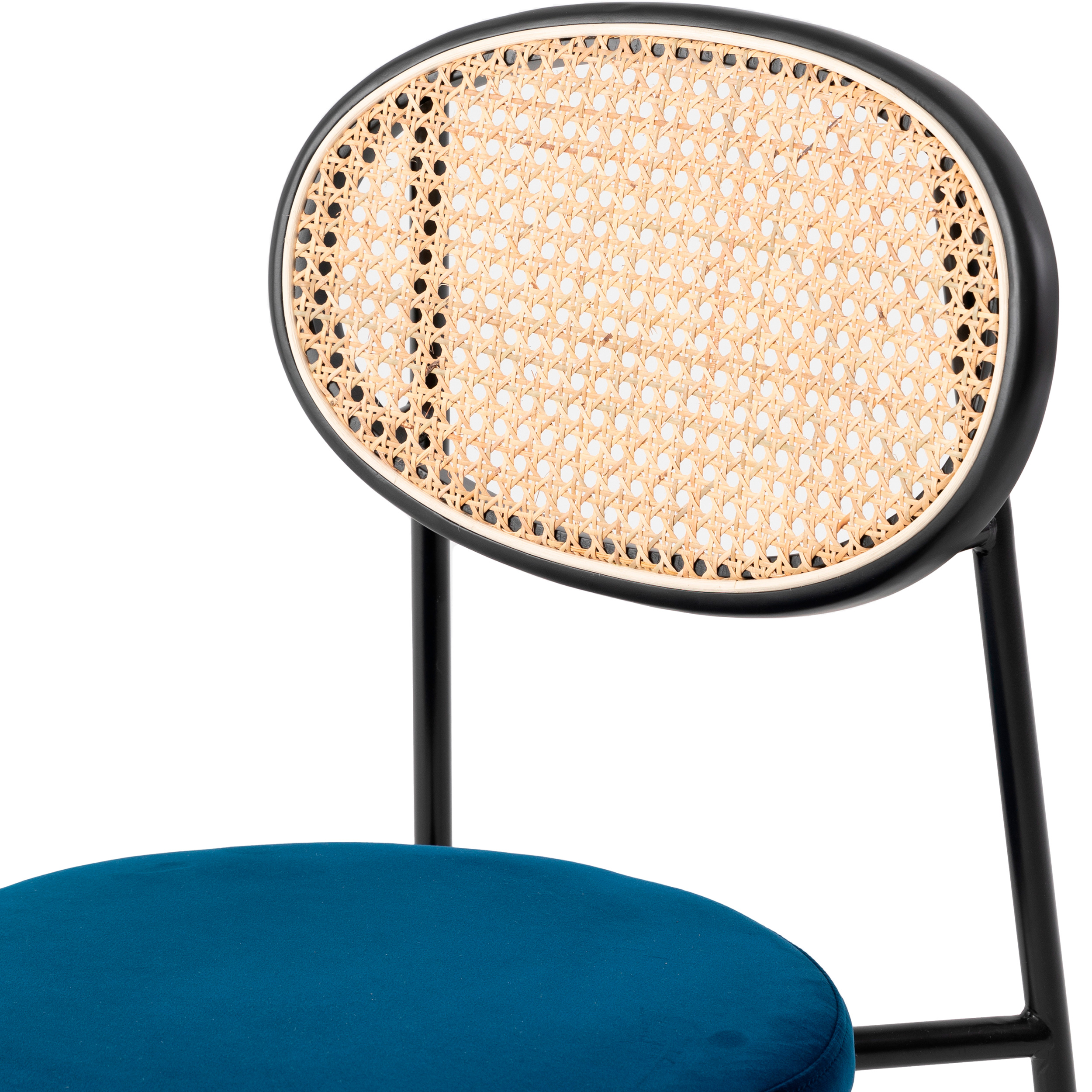 LeisureMod Euston Modern Wicker Dining Chair With Velvet Round Seat - Navy Blue