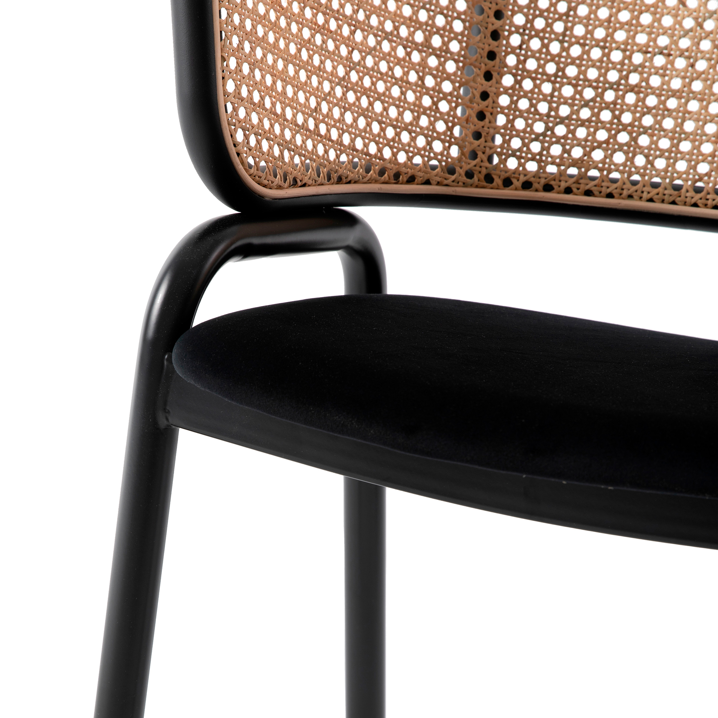 LeisureMod Ervilla Modern Dining Chair With Stainless Steel Legs Velvet Seat And Wicker Back - Black