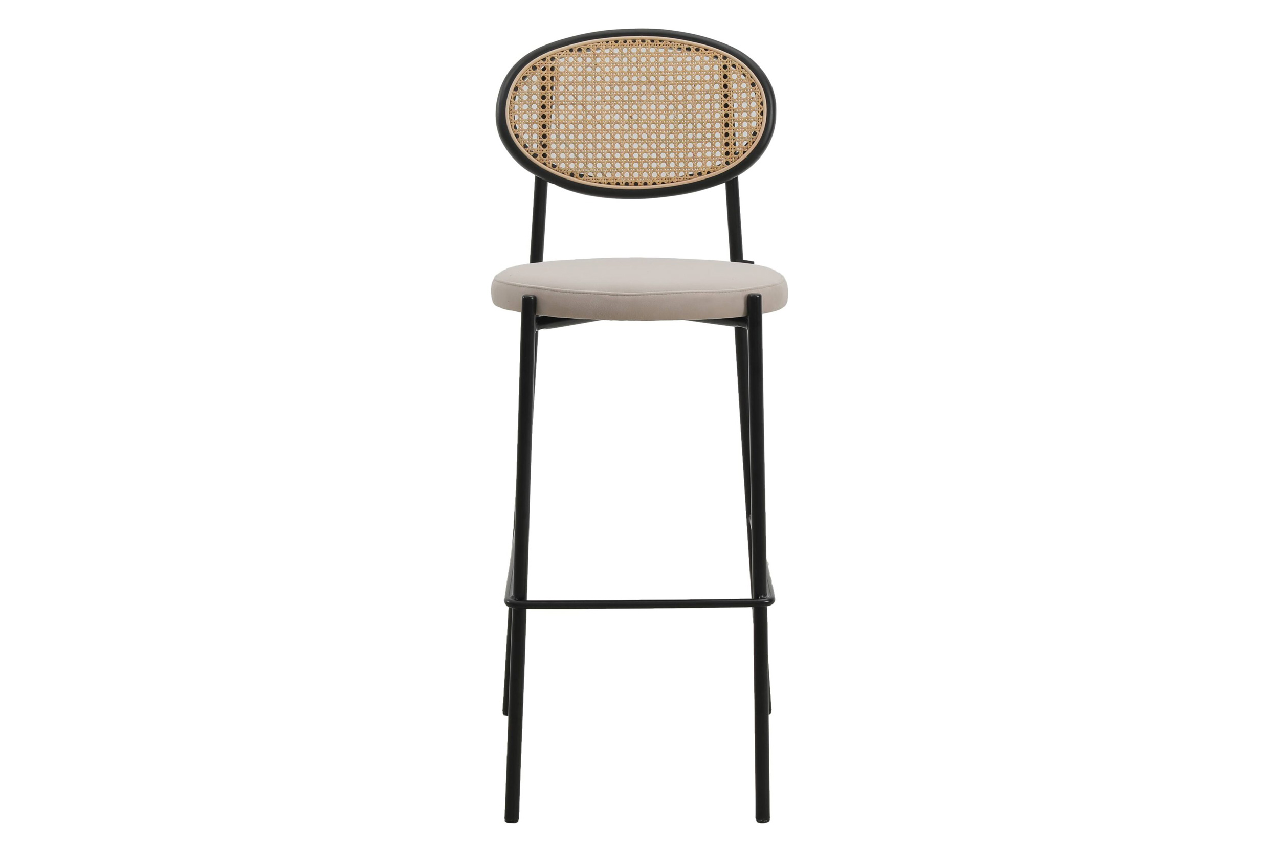 LeisureMod Euston Mid-Century Modern Wicker Bar Stool with Black Powder Coated Steel Frame and Footrest - Beige