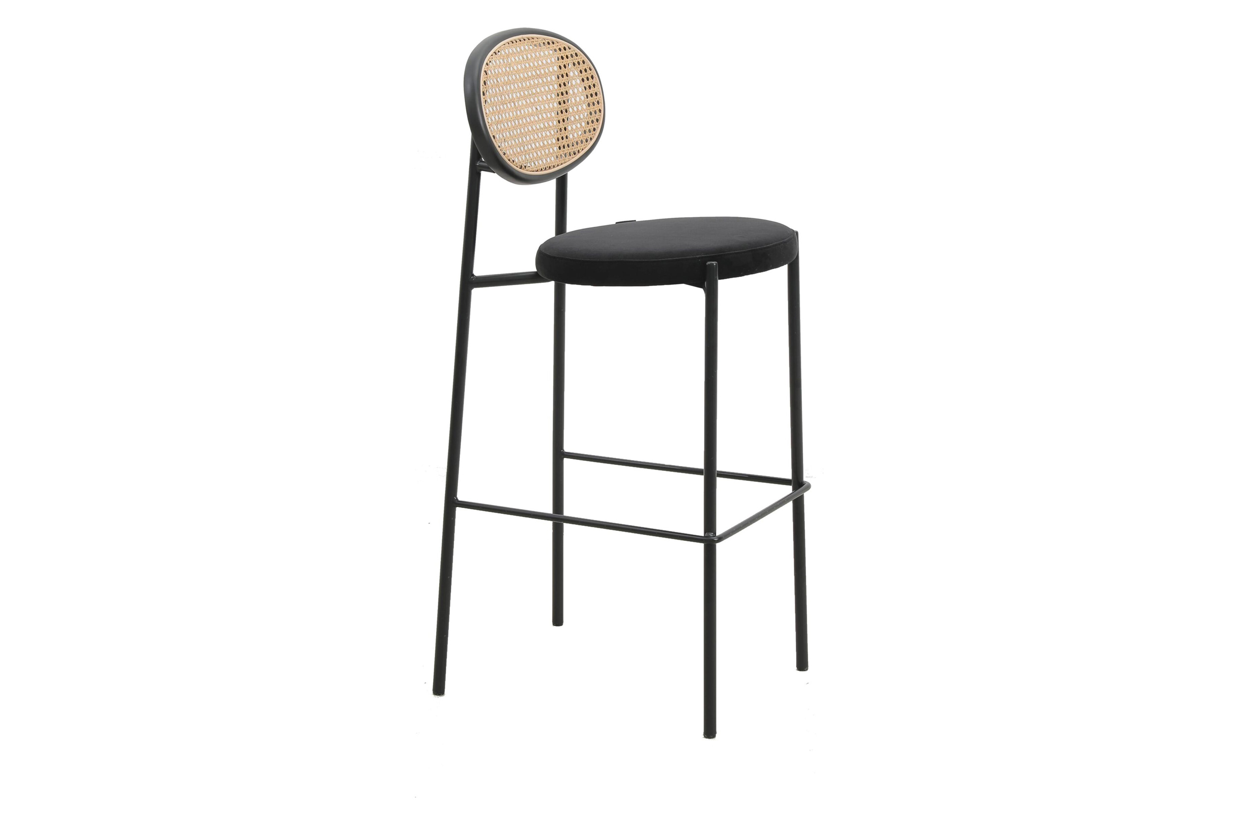 LeisureMod Euston Mid-Century Modern Wicker Bar Stool with Black Powder Coated Steel Frame and Footrest