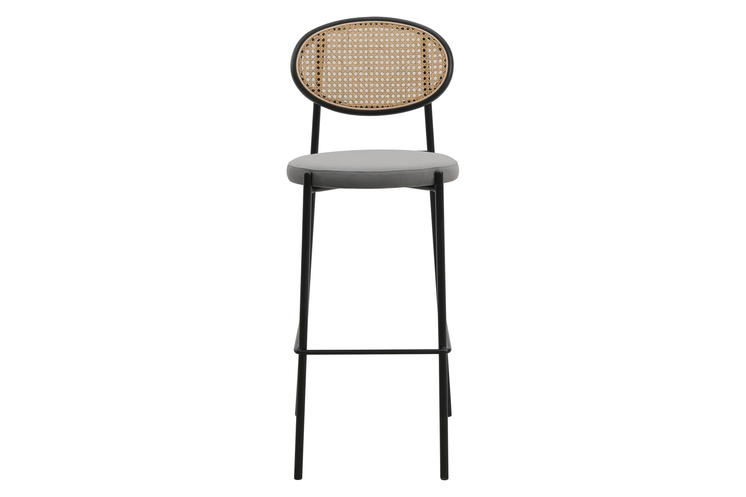 LeisureMod Euston Mid-Century Modern Wicker Bar Stool with Black Powder Coated Steel Frame and Footrest - Gray