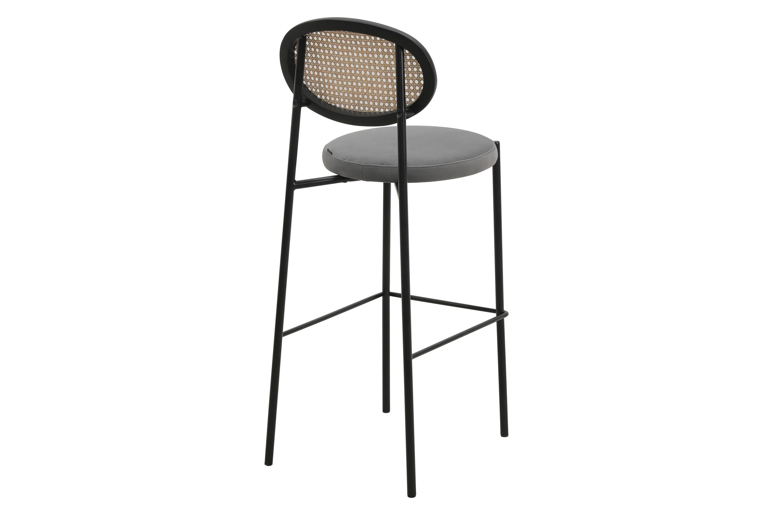 LeisureMod Euston Mid-Century Modern Wicker Bar Stool with Black Powder Coated Steel Frame and Footrest - Gray