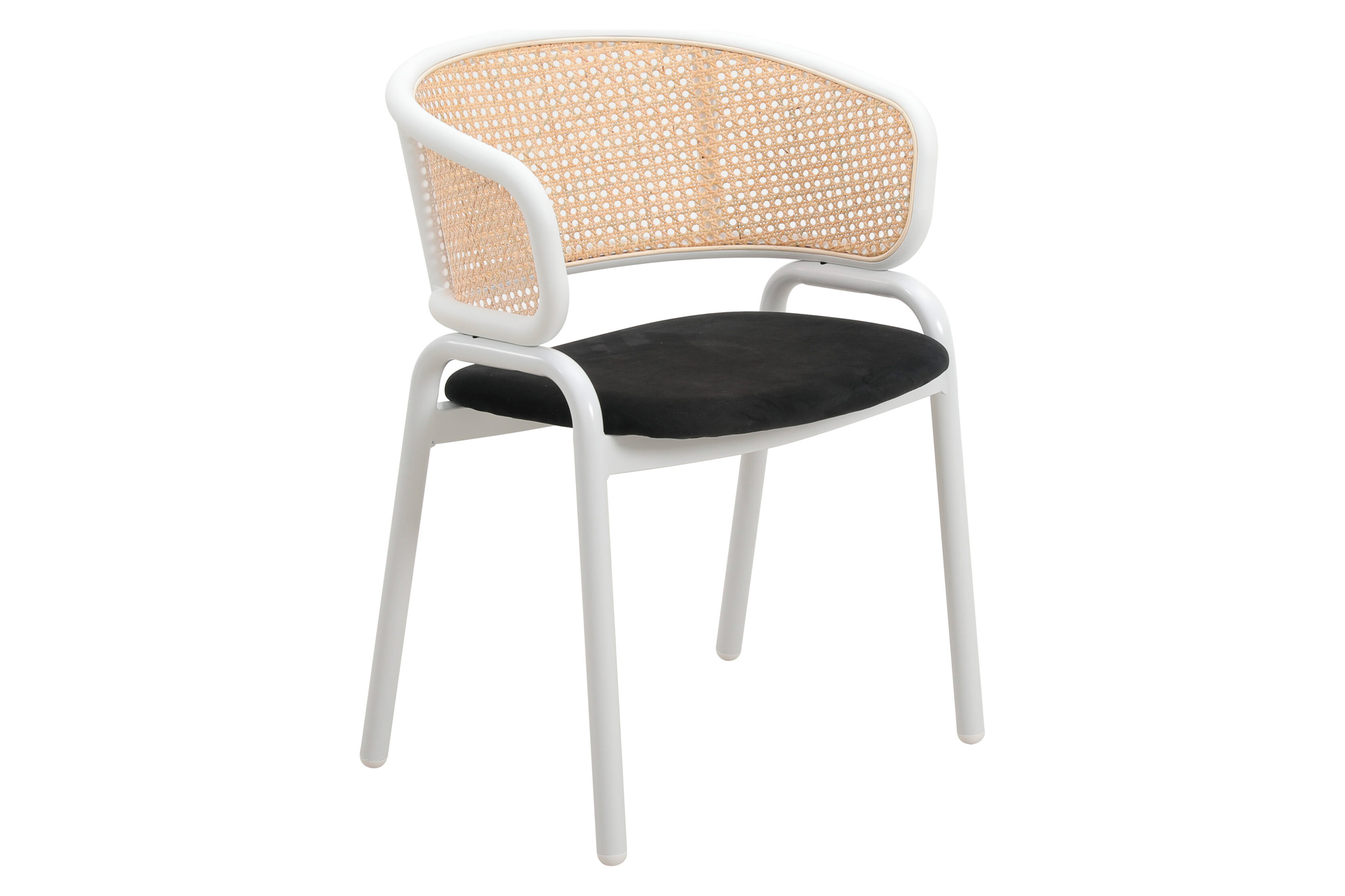 LeisureMod Ervilla Modern Dining Armchair with White Powder Coated Steel Legs and Wicker Back