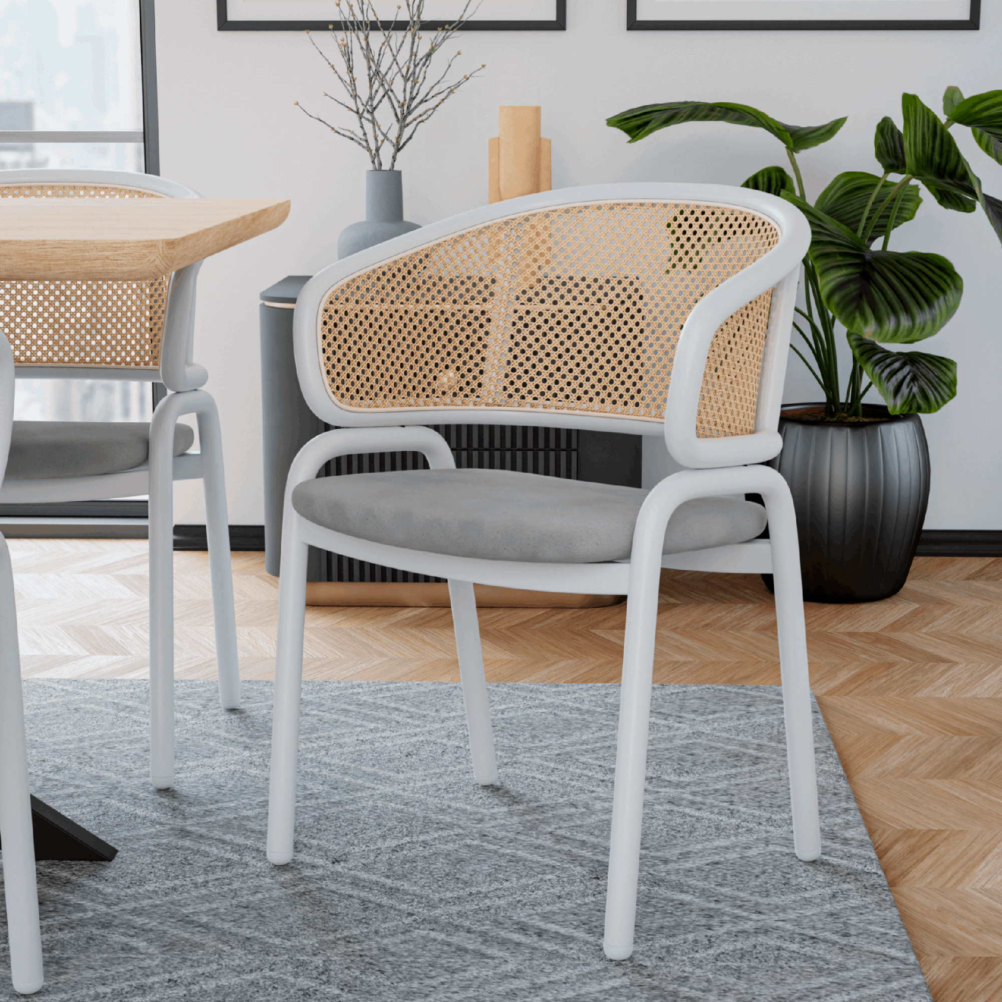 LeisureMod Ervilla Modern Dining Armchair with White Powder Coated Steel Legs and Wicker Back - Gray