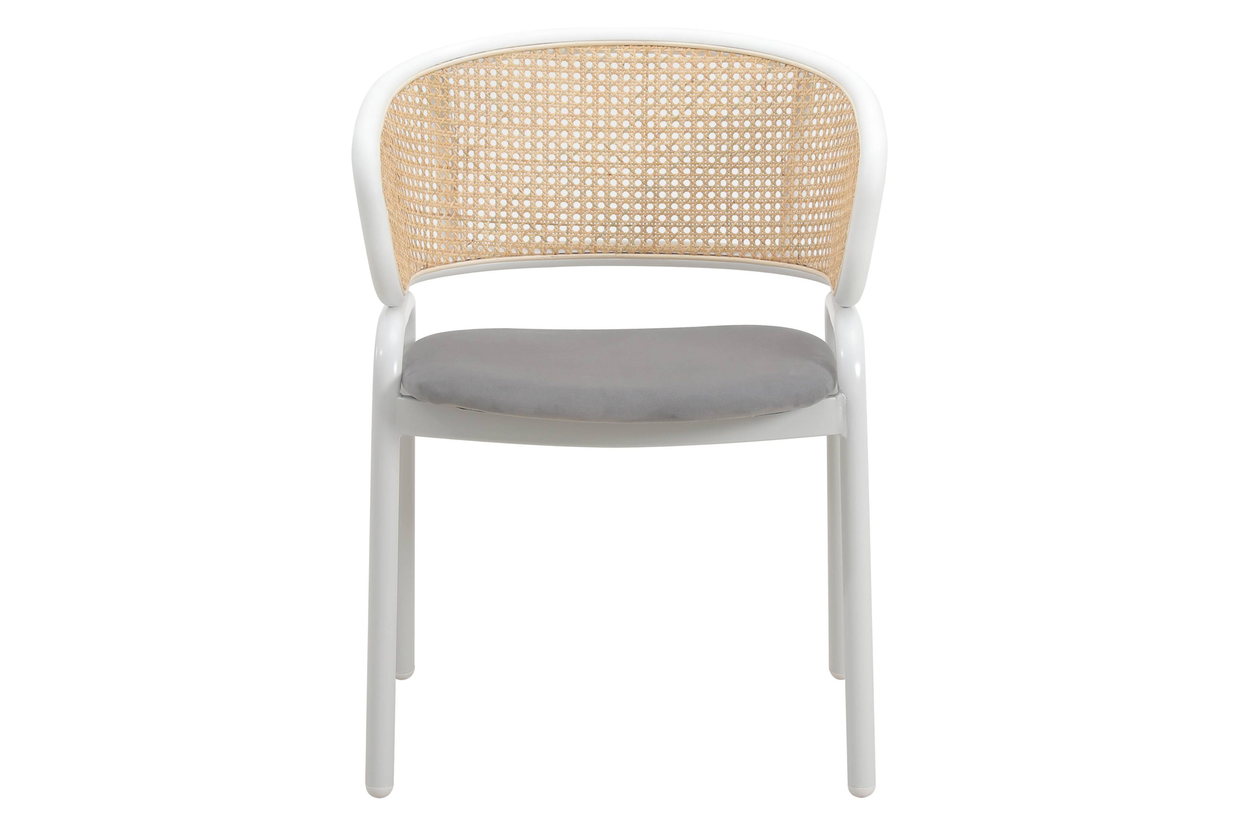 LeisureMod Ervilla Modern Dining Armchair with White Powder Coated Steel Legs and Wicker Back - Gray