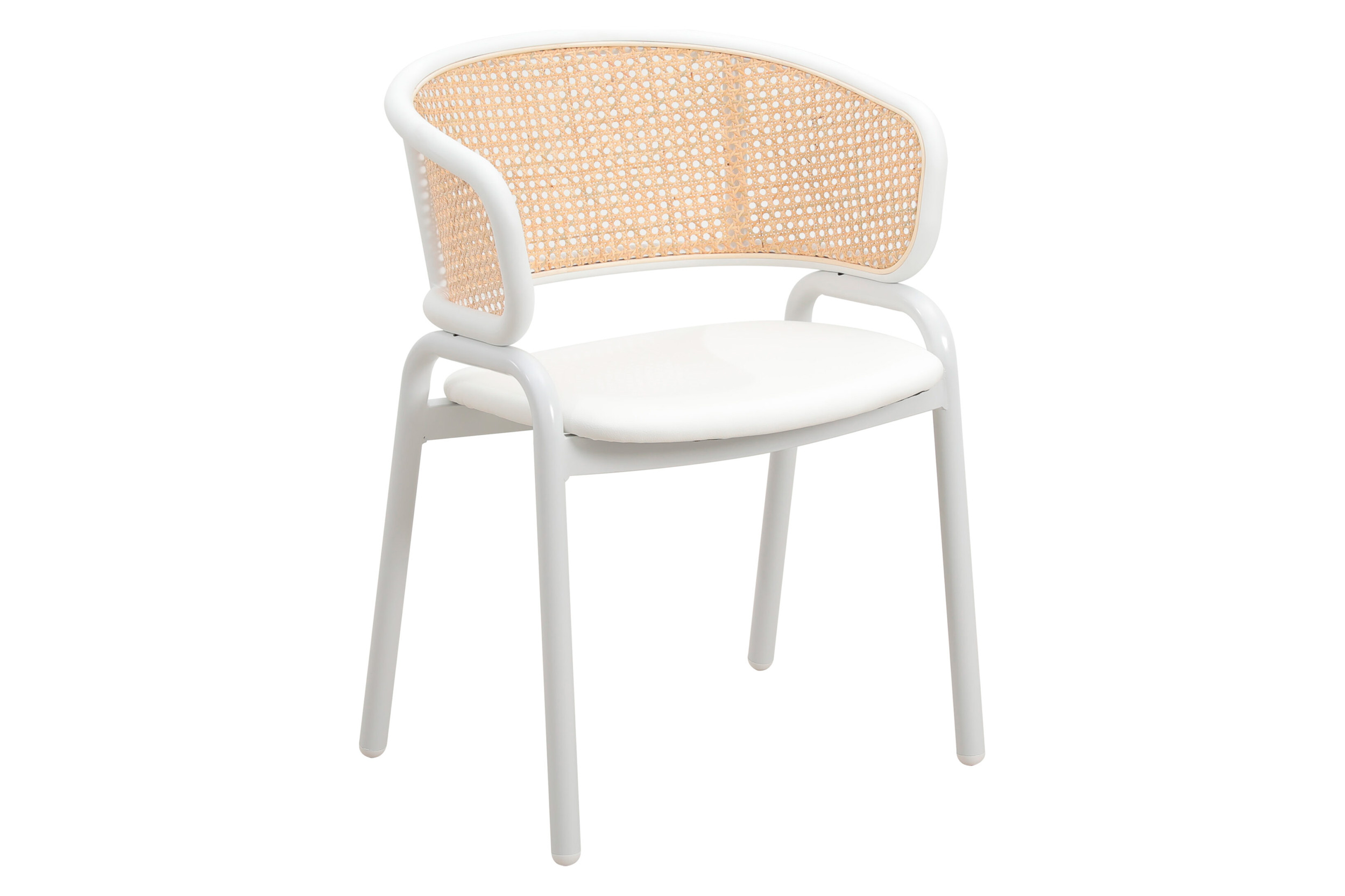 LeisureMod Ervilla Modern Dining Armchair with White Powder Coated Steel Legs and Wicker Back