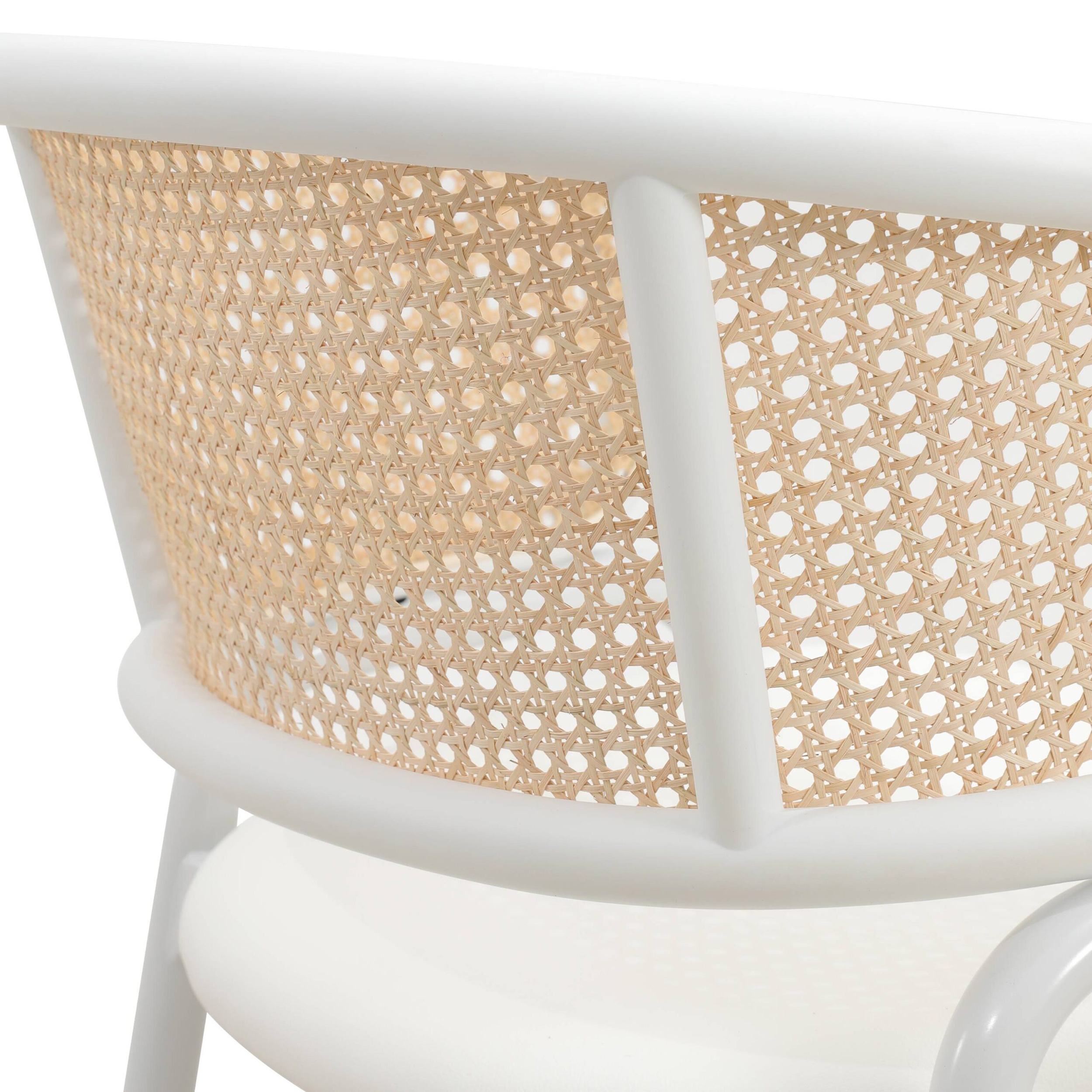 LeisureMod Ervilla Modern Dining Armchair with White Powder Coated Steel Legs and Wicker Back - White