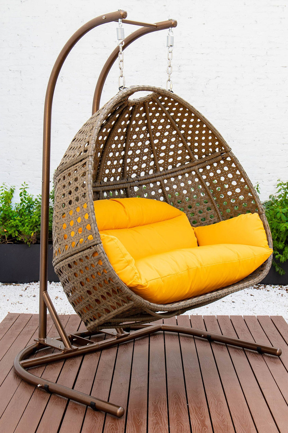 LeisureMod Wicker Hanging Double Egg Beige Swing Chair - Amber