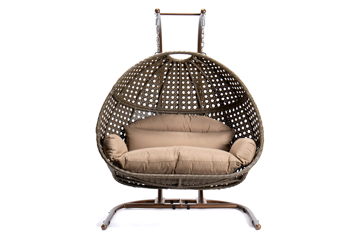 LeisureMod Wicker Hanging Double Egg Beige Swing Chair