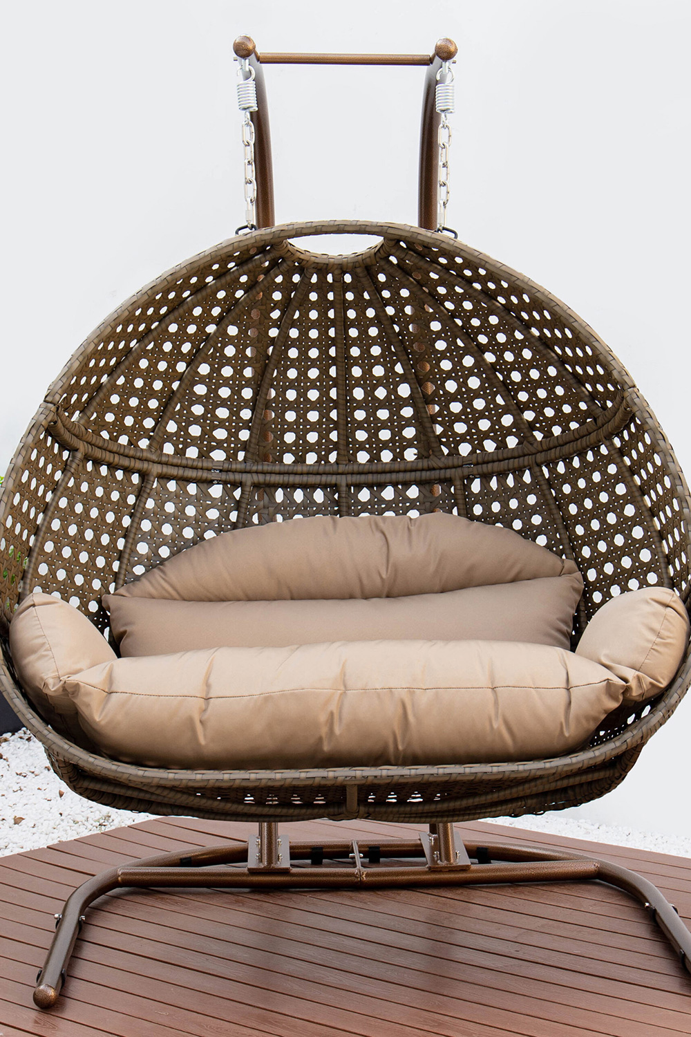 LeisureMod Wicker Hanging Double Egg Beige Swing Chair - Brown