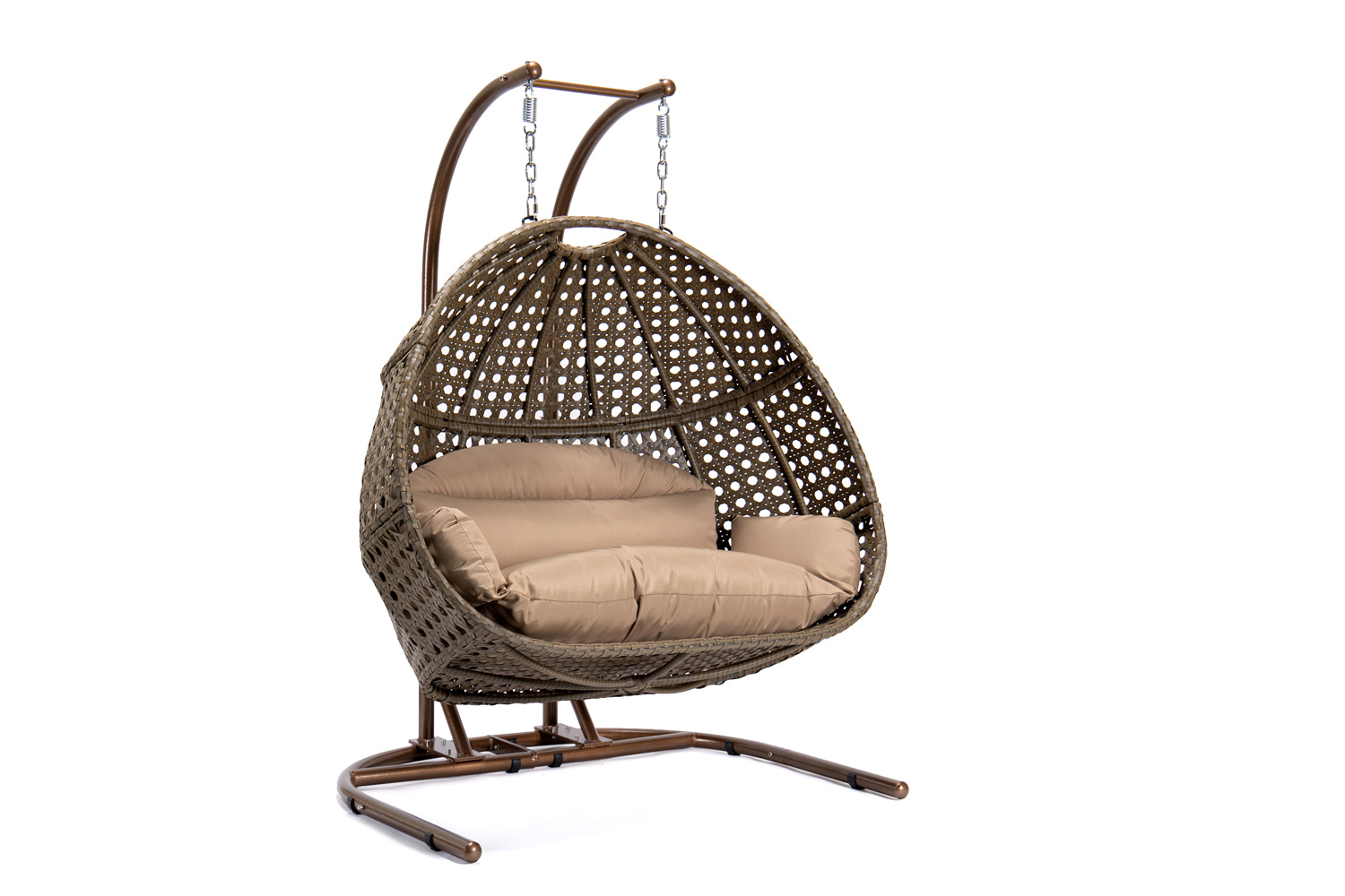 LeisureMod Wicker Hanging Double Egg Beige Swing Chair - Brown