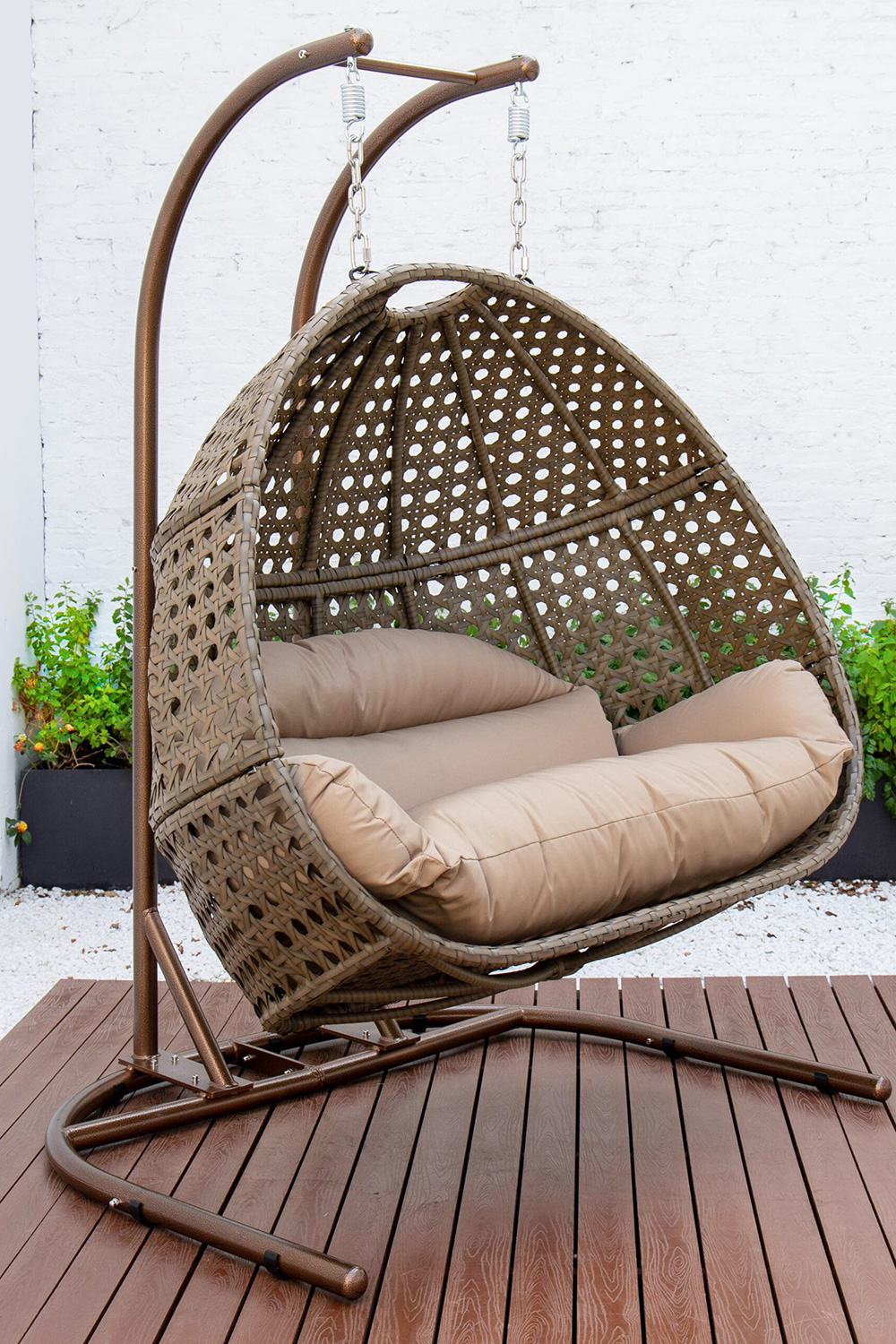 LeisureMod Wicker Hanging Double Egg Beige Swing Chair - Brown