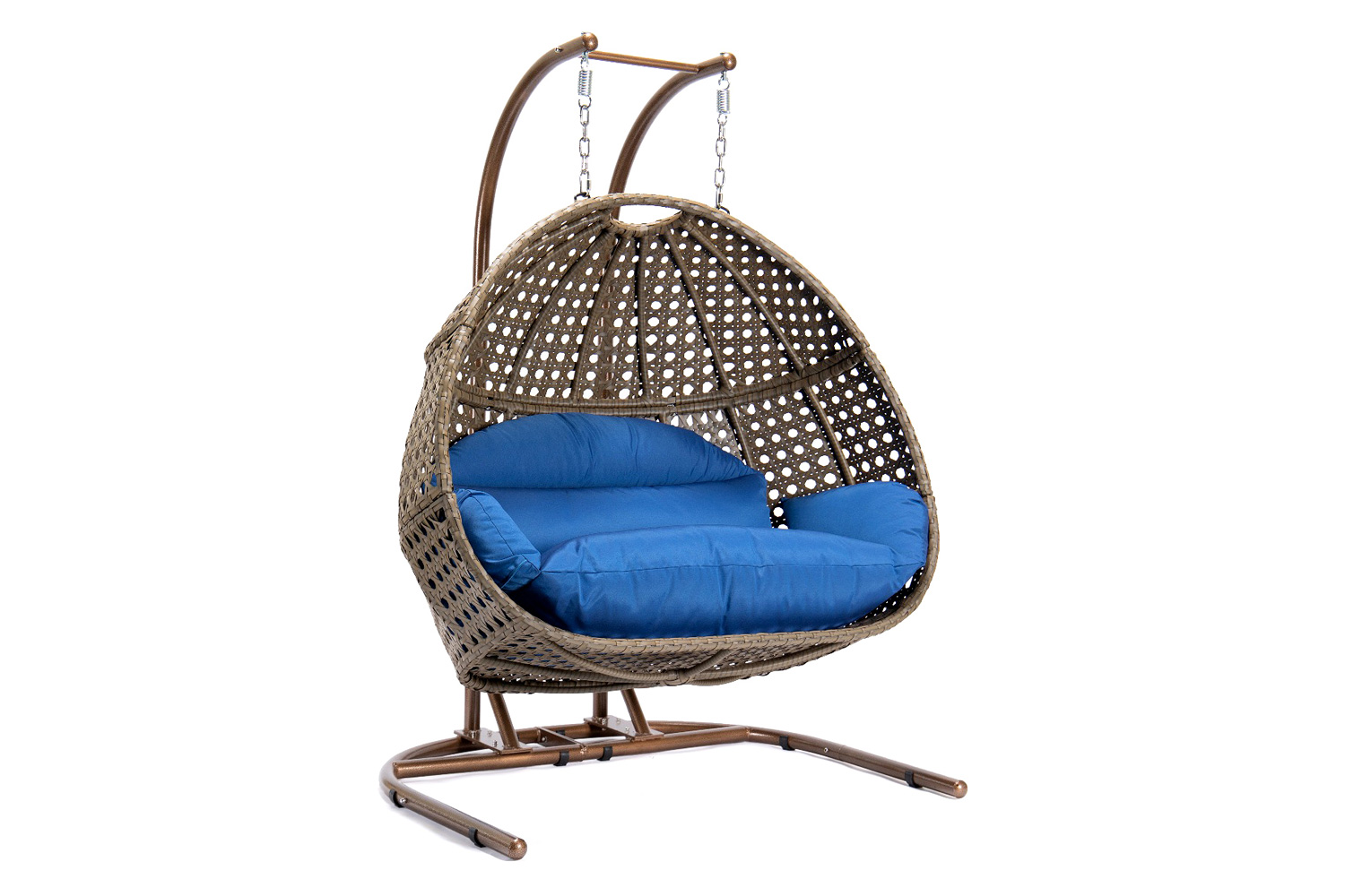 LeisureMod Wicker Hanging Double Egg Beige Swing Chair - Blue