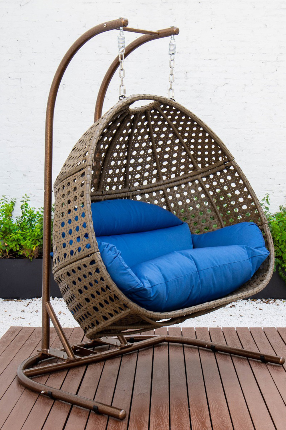 LeisureMod Wicker Hanging Double Egg Beige Swing Chair - Blue