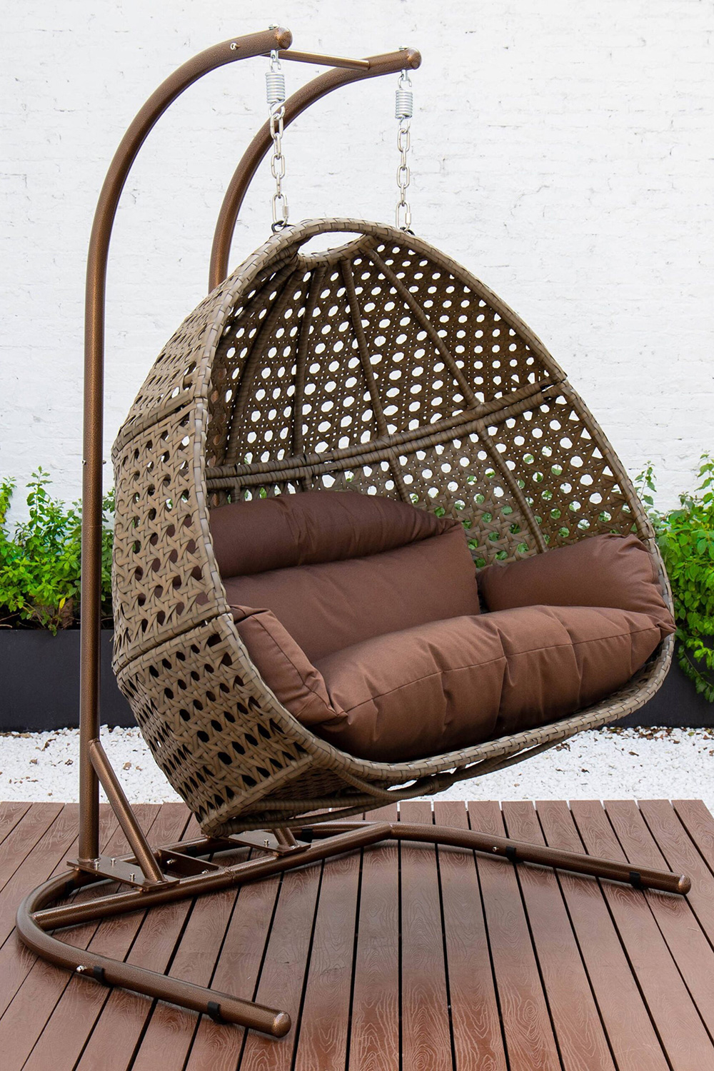 LeisureMod Wicker Hanging Double Egg Beige Swing Chair - Dark Brown