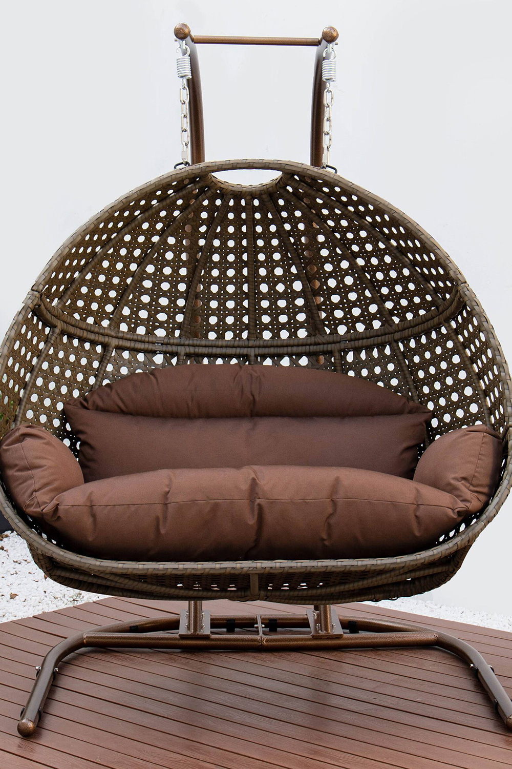 LeisureMod Wicker Hanging Double Egg Beige Swing Chair - Dark Brown