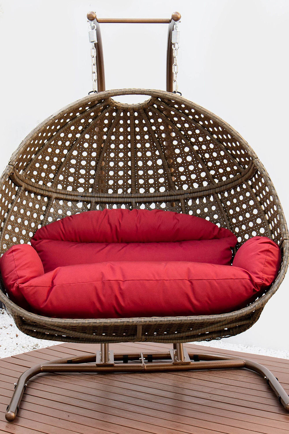 LeisureMod Wicker Hanging Double Egg Beige Swing Chair - Dark Red