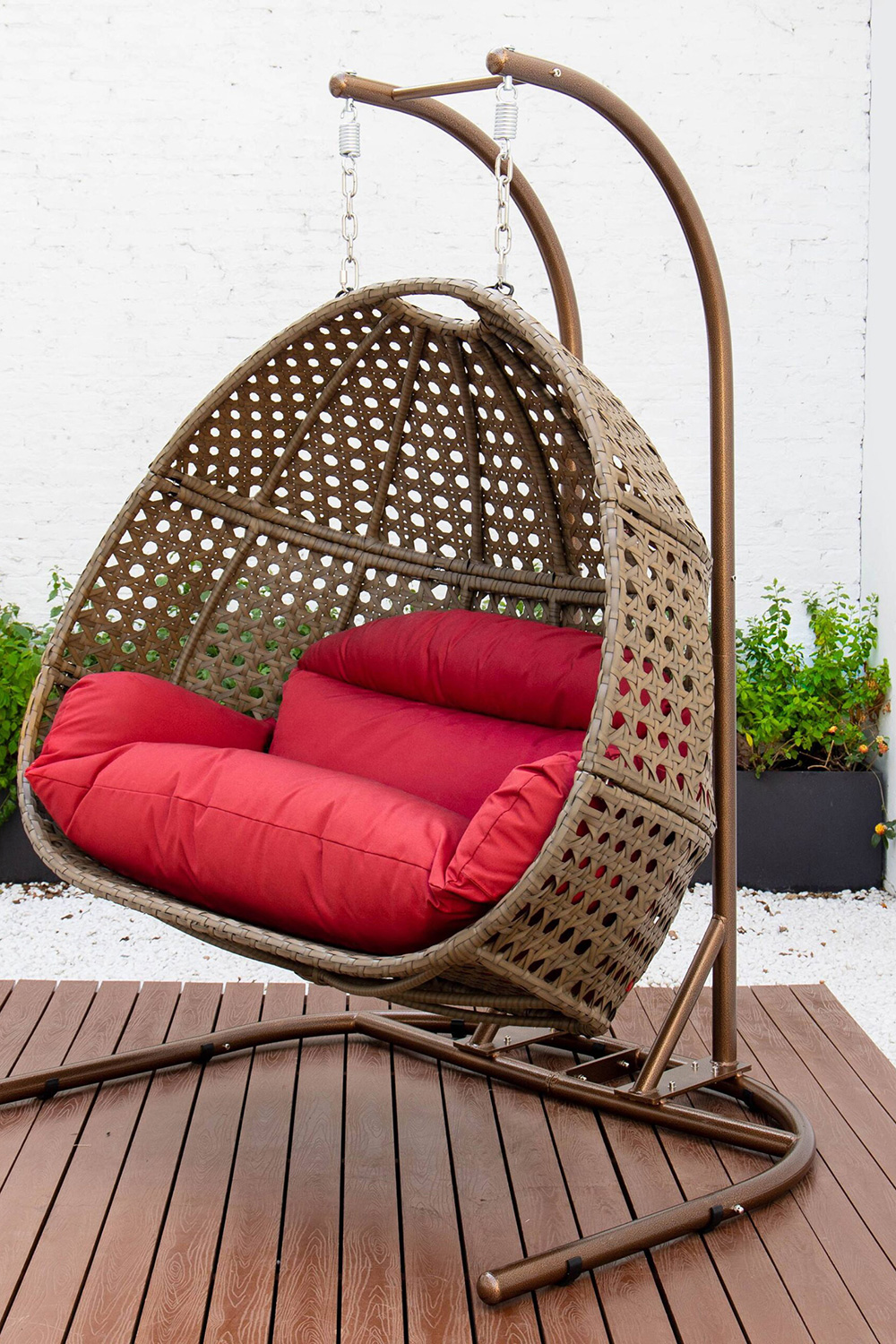 LeisureMod Wicker Hanging Double Egg Beige Swing Chair - Dark Red