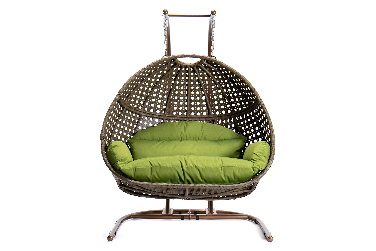 LeisureMod Wicker Hanging Double Egg Beige Swing Chair - Green