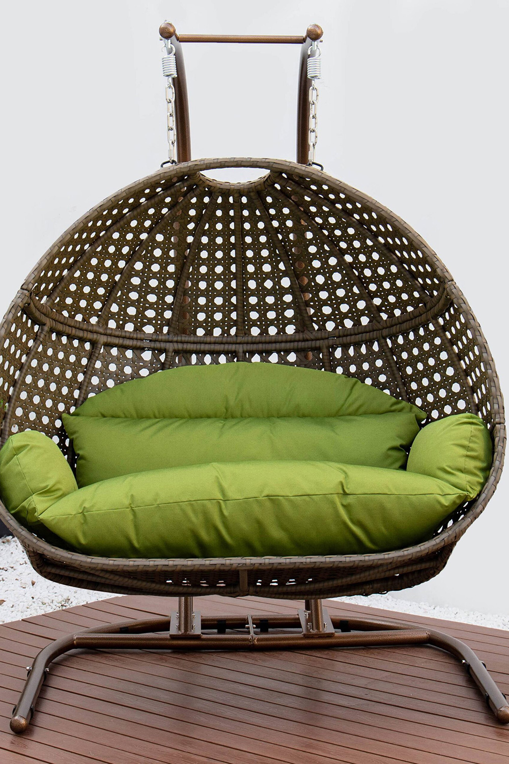 LeisureMod Wicker Hanging Double Egg Beige Swing Chair - Green