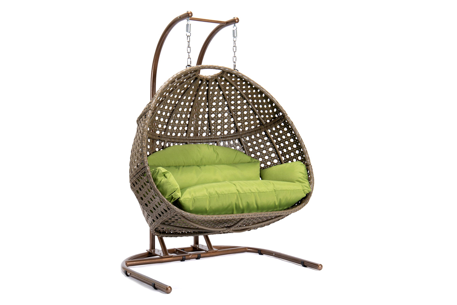 LeisureMod Wicker Hanging Double Egg Beige Swing Chair - Green