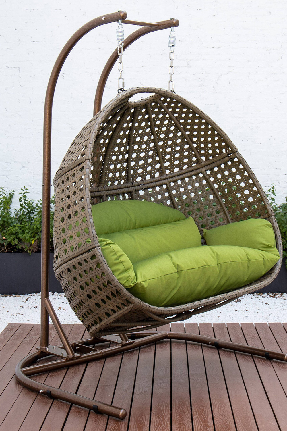 LeisureMod Wicker Hanging Double Egg Beige Swing Chair - Green