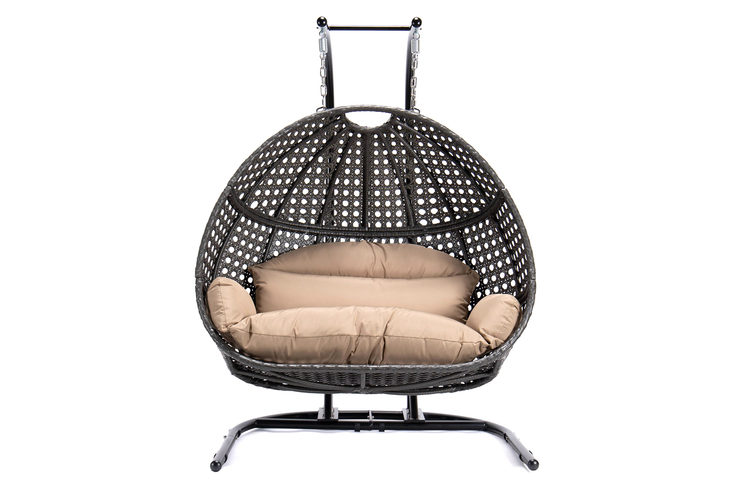 LeisureMod Wicker Hanging Double Egg Beige Swing Chair