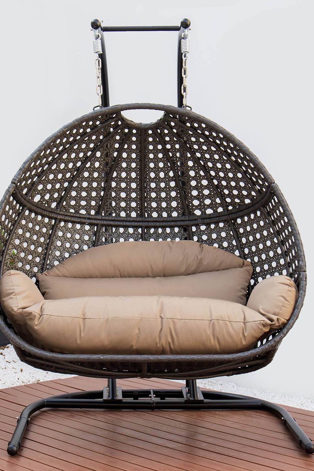 LeisureMod Wicker Hanging Double Egg Charcoal Swing Chair - Brown